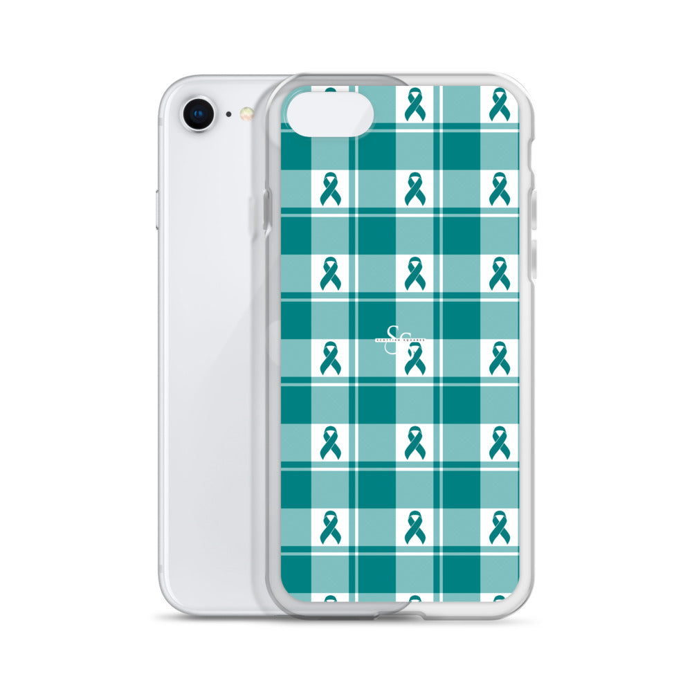 Clear Case for iPhone Cervical Cancer Awareness Plaid, Teal Ribbon, Supportive Gift - Scottish Squares