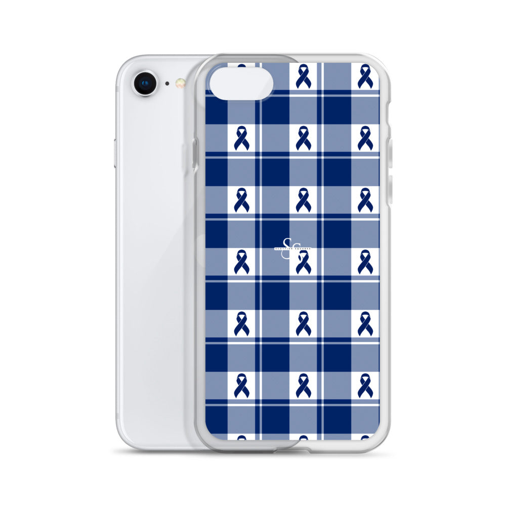 Clear Case for iPhone Colorectal Cancer Awareness Plaid, Dark Blue Ribbon, Supportive Gift - Scottish Squares