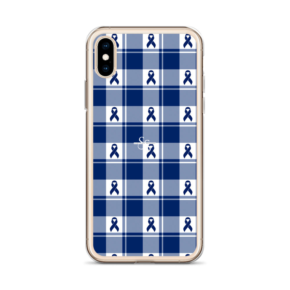 Clear Case for iPhone Colorectal Cancer Awareness Plaid, Dark Blue Ribbon, Supportive Gift - Scottish Squares