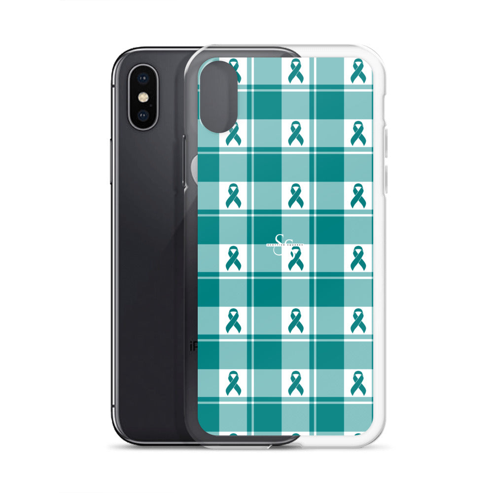 Clear Case for iPhone Cervical Cancer Awareness Plaid, Teal Ribbon, Supportive Gift - Scottish Squares