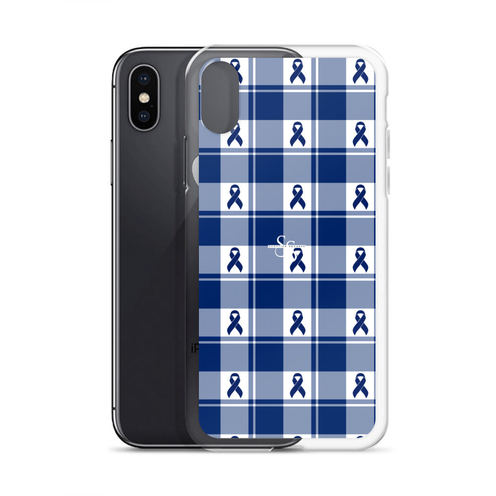 Clear Case for iPhone Colorectal Cancer Awareness Plaid, Dark Blue Ribbon, Supportive Gift - Scottish Squares