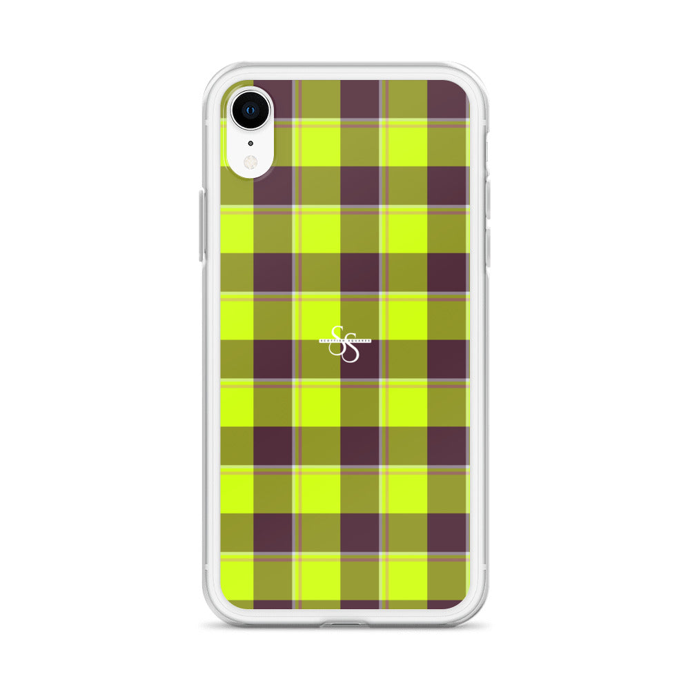 Clear Case for iPhone Electric Lime and Livid Brown Plaid - Scottish Squares
