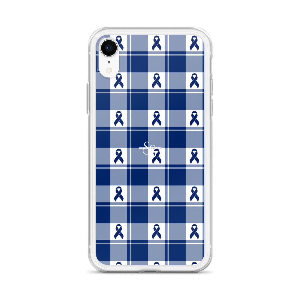 Clear Case for iPhone Colorectal Cancer Awareness Plaid, Dark Blue Ribbon, Supportive Gift - Scottish Squares