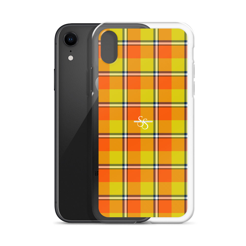 Clear Case for iPhone Blaze Orange and Bird Flower Plaid - Scottish Squares
