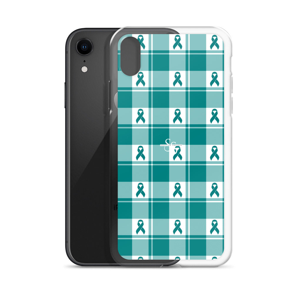 Clear Case for iPhone Cervical Cancer Awareness Plaid, Teal Ribbon, Supportive Gift - Scottish Squares
