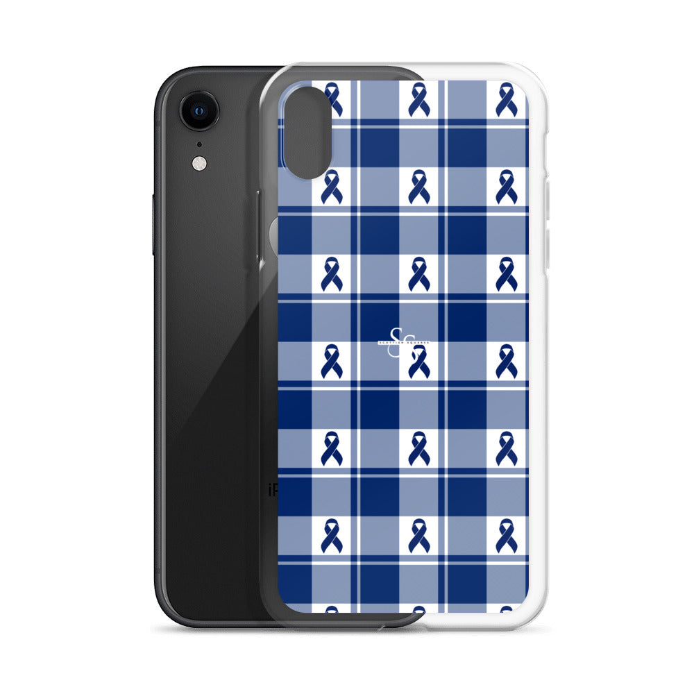Clear Case for iPhone Colorectal Cancer Awareness Plaid, Dark Blue Ribbon, Supportive Gift - Scottish Squares