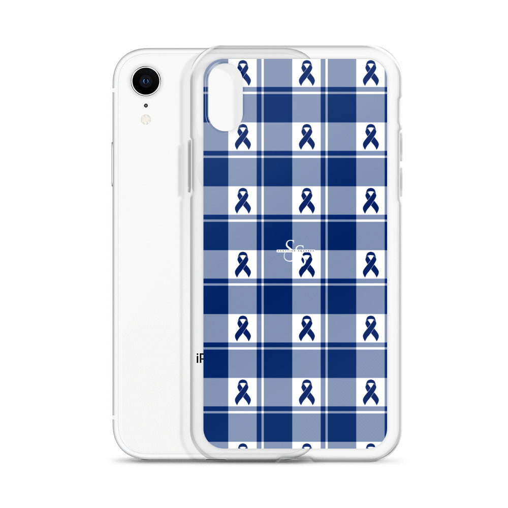 Clear Case for iPhone Colorectal Cancer Awareness Plaid, Dark Blue Ribbon, Supportive Gift - Scottish Squares