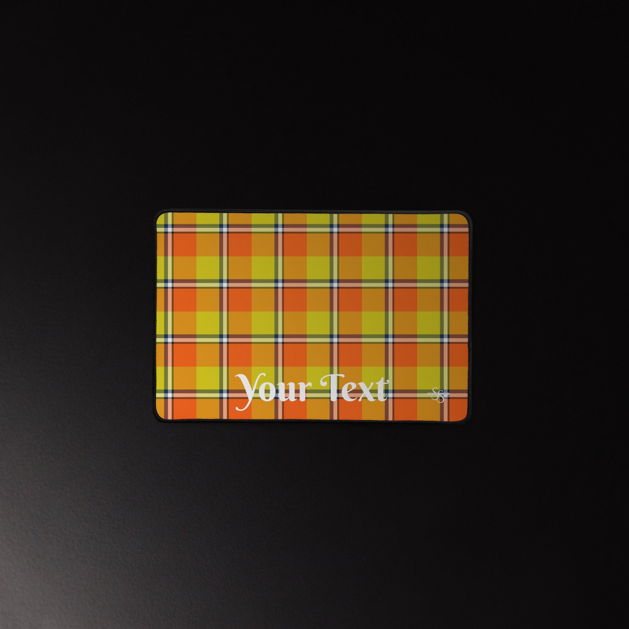 Personalized Blaze Orange and Bird Flower Plaid Desk Mat - Scottish Squares
