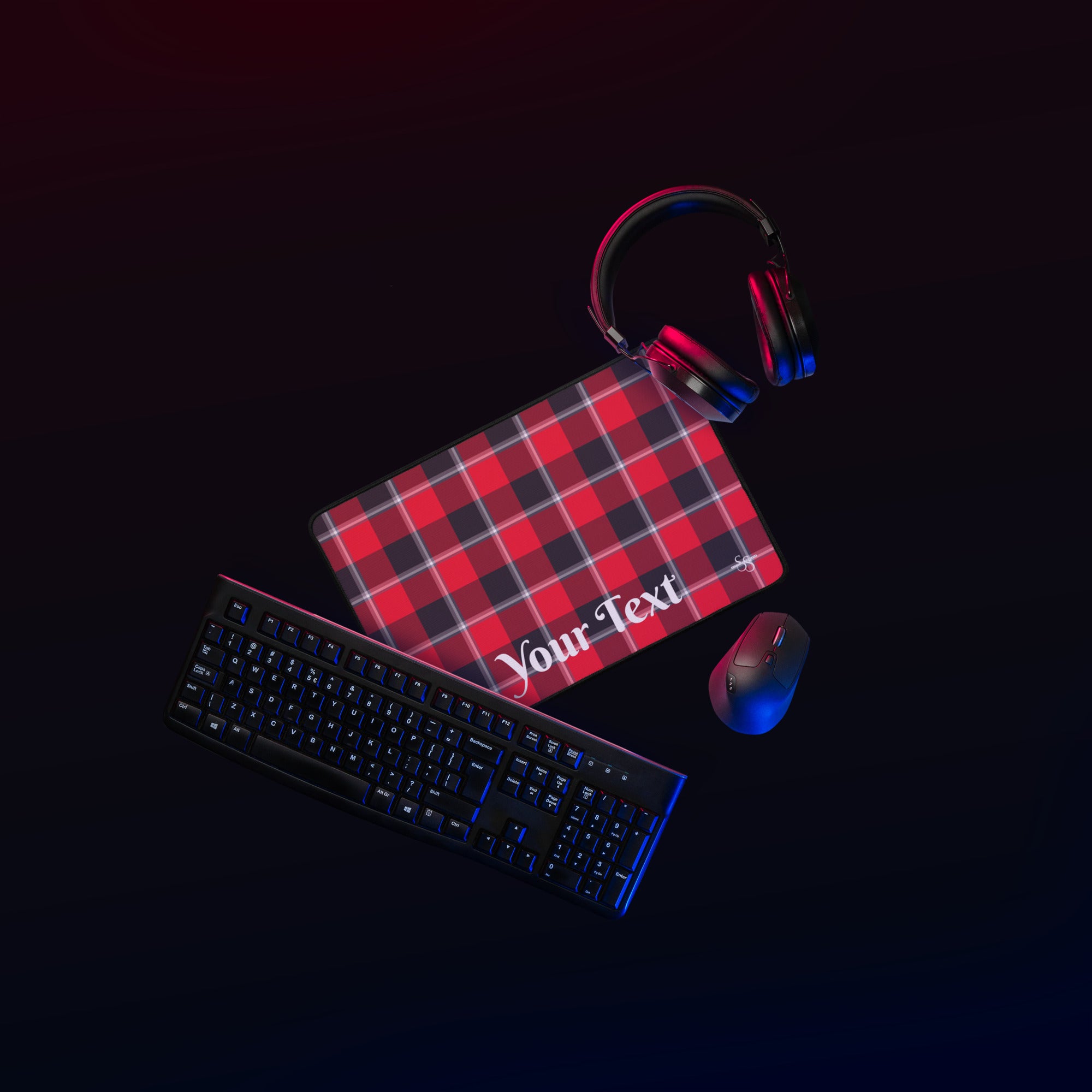 Personalized Red Ribbon and Heavy Metal Plaid Desk Mat - Scottish Squares