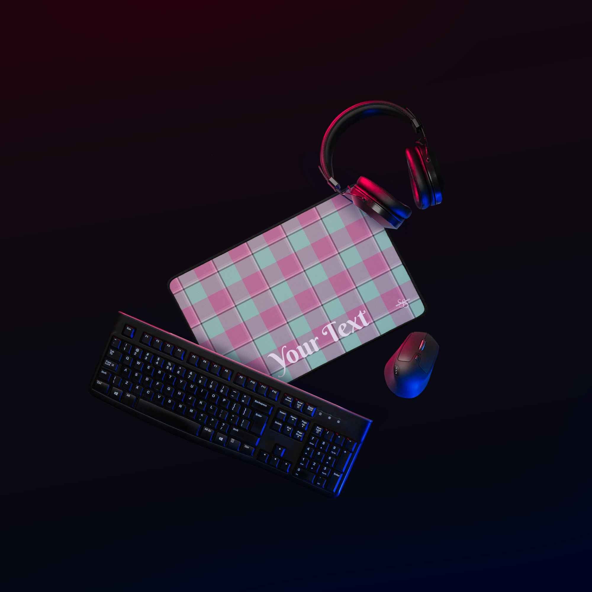 Personalized Vista Blue and Turkish Rose Plaid Desk Mat - Scottish Squares