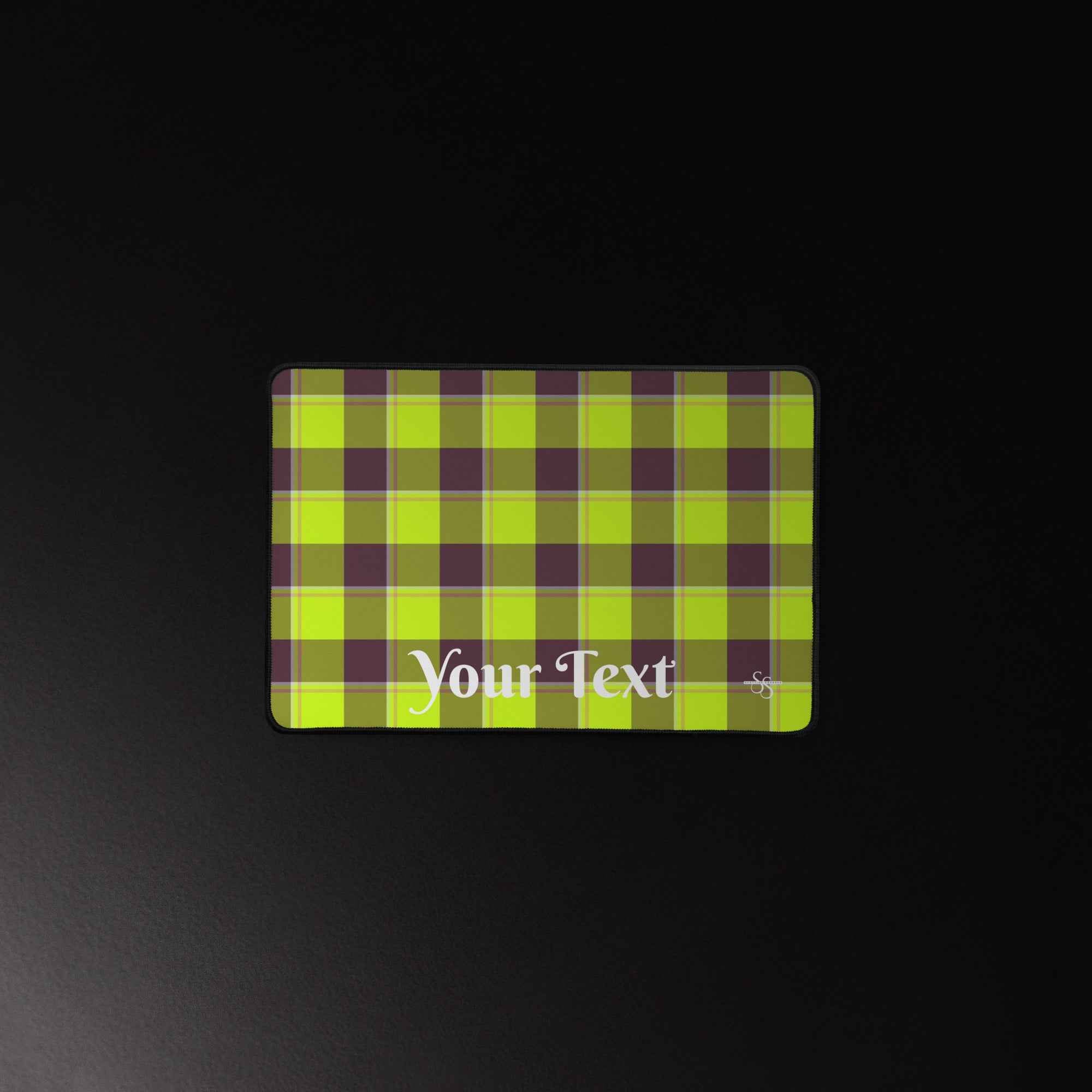 Personalized Electric Lime and Livid Brown Plaid Desk Mat - Scottish Squares