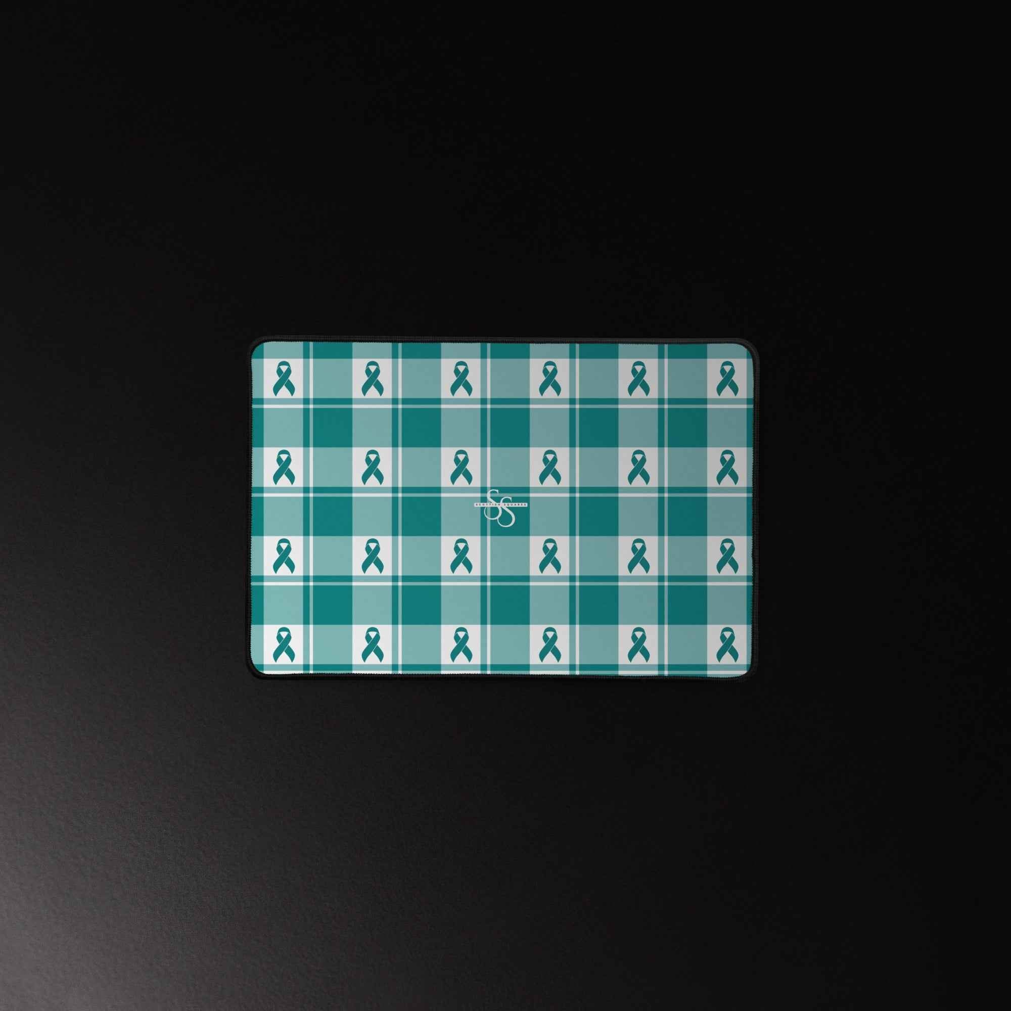 Desk Mat Cervical Cancer Awareness Plaid, Teal Ribbon, Supportive Gift - Scottish Squares