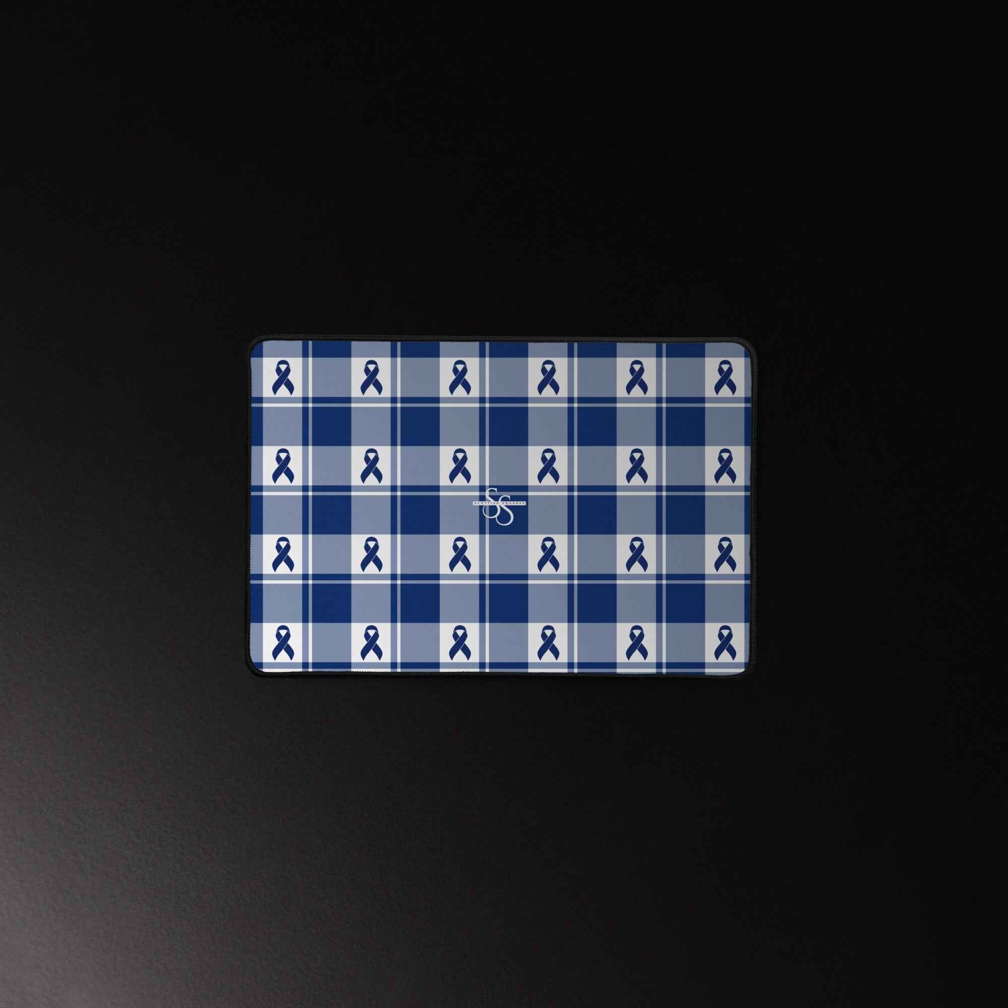 Desk Mat Colorectal Cancer Awareness Plaid, Dark Blue Ribbon, Supportive Gift - Scottish Squares