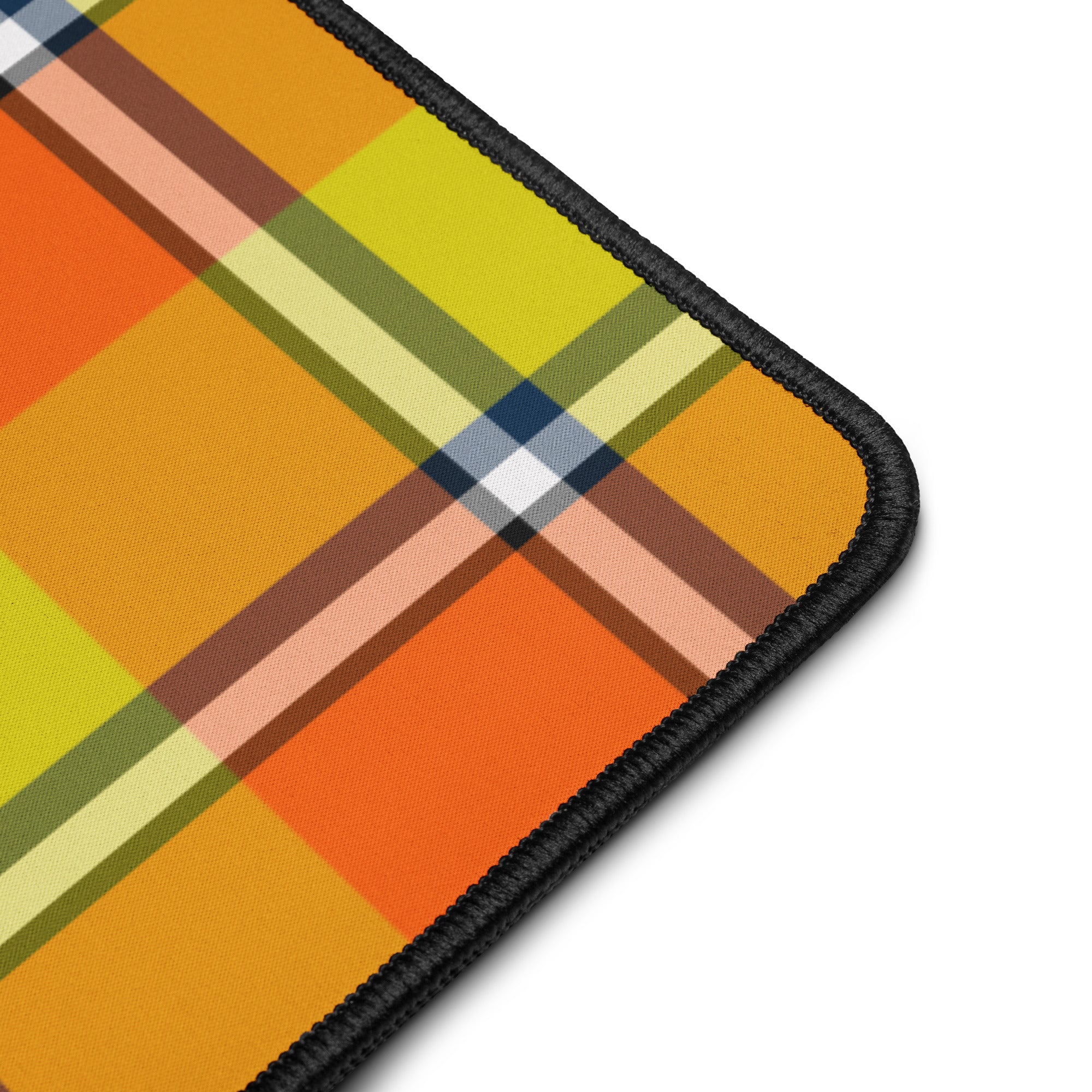 Personalized Blaze Orange and Bird Flower Plaid Desk Mat - Scottish Squares