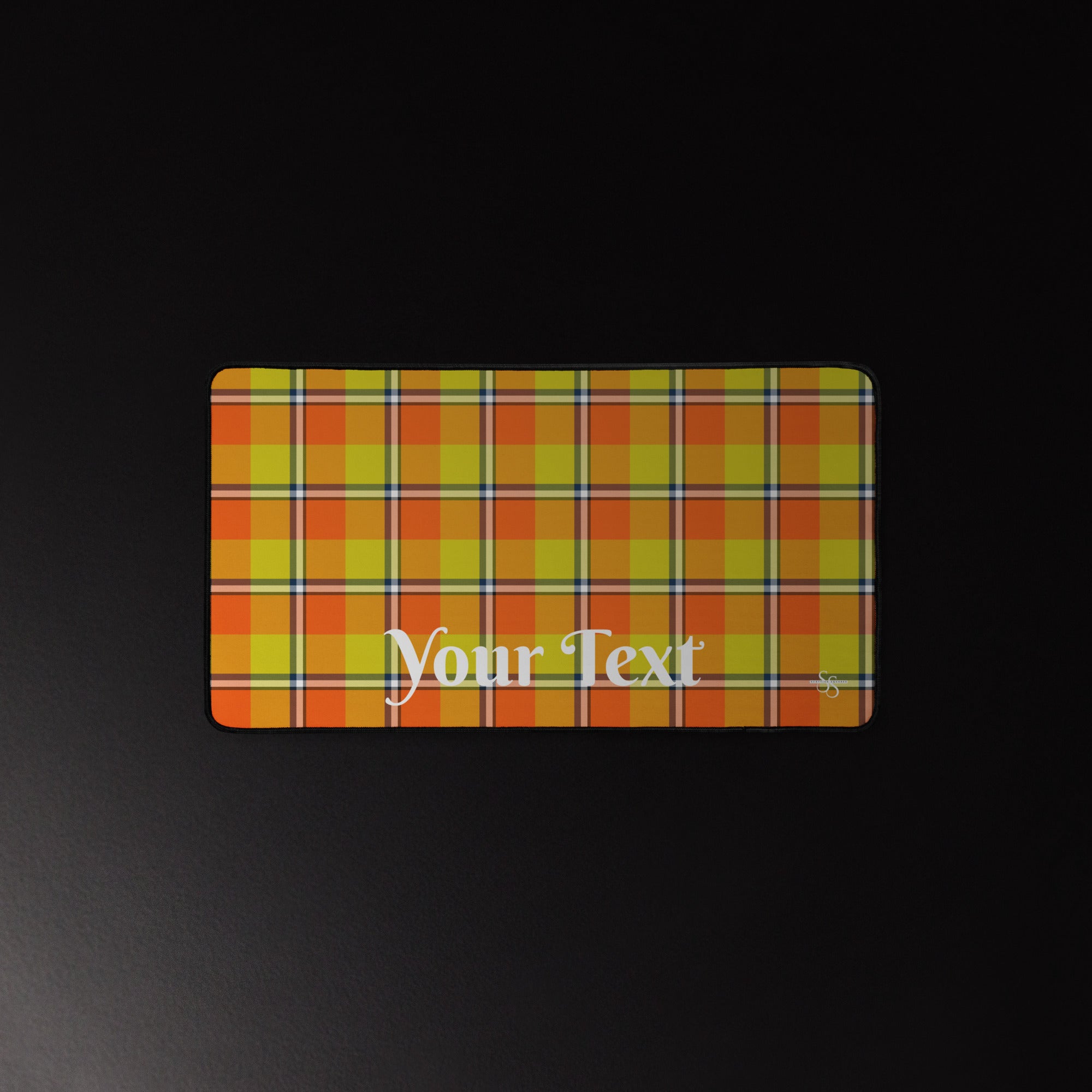 Personalized Blaze Orange and Bird Flower Plaid Desk Mat - Scottish Squares