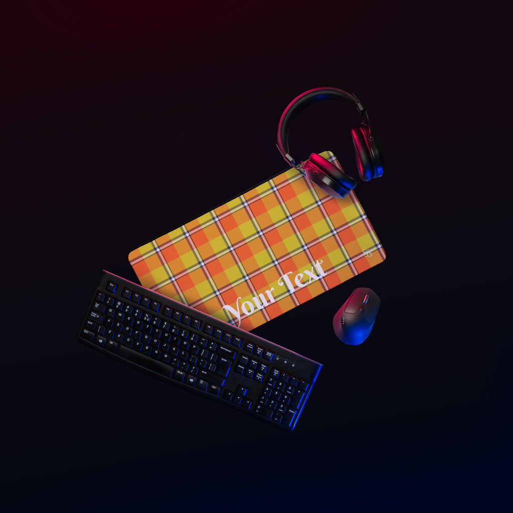 Personalized Blaze Orange and Bird Flower Plaid Desk Mat - Scottish Squares