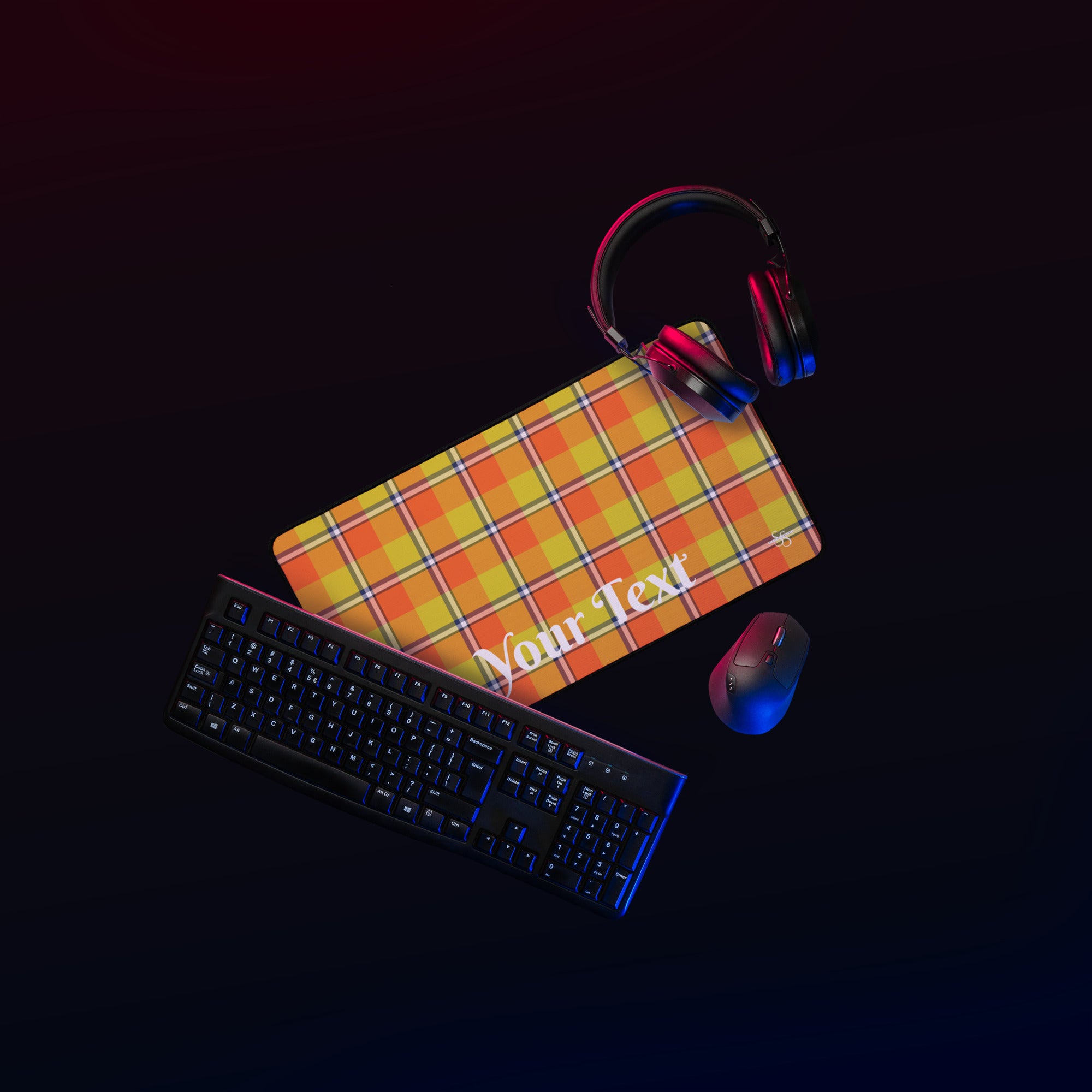 Personalized Blaze Orange and Bird Flower Plaid Desk Mat - Scottish Squares