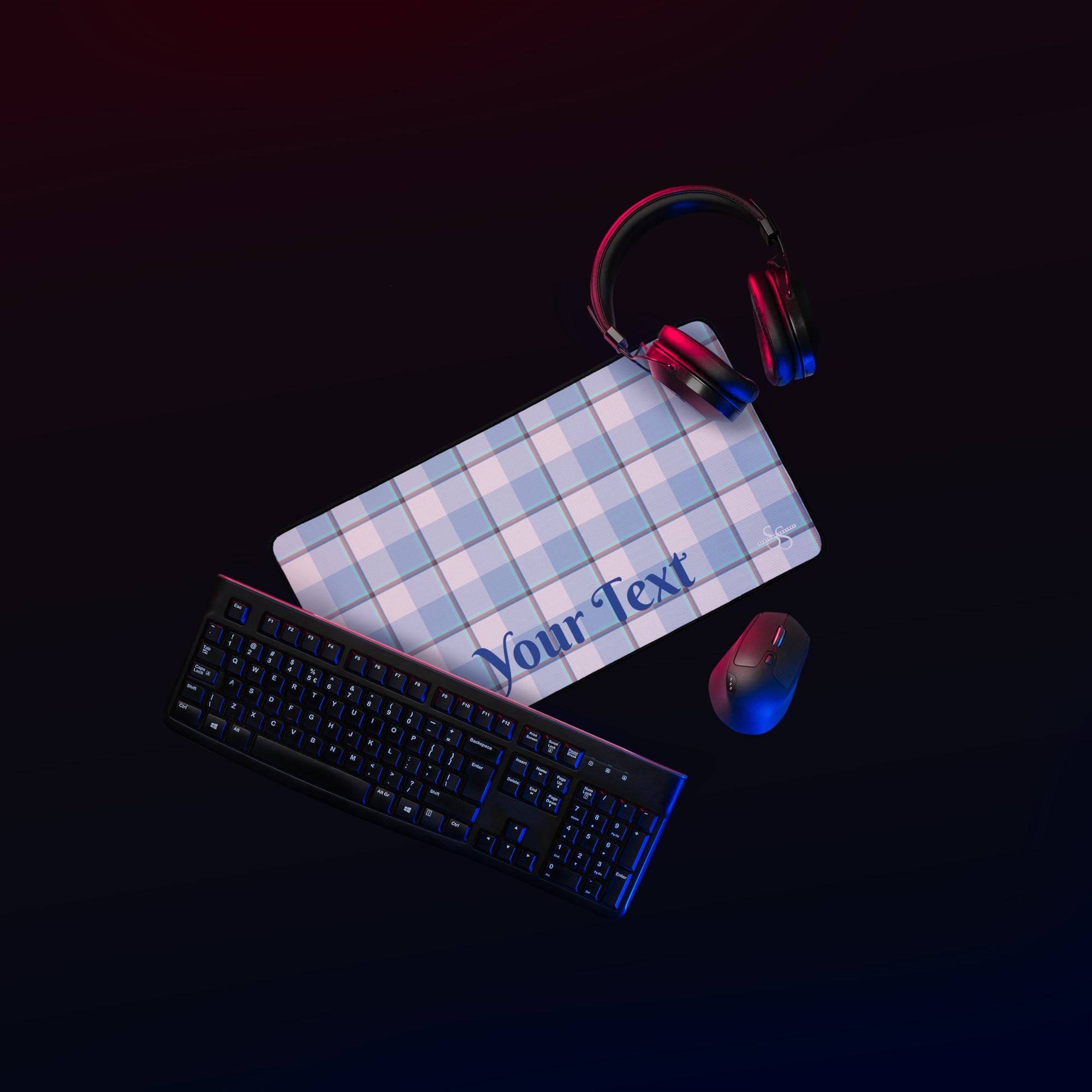 Personalized Pink Cloud and Blue Lagoon Plaid Desk Mat - Scottish Squares