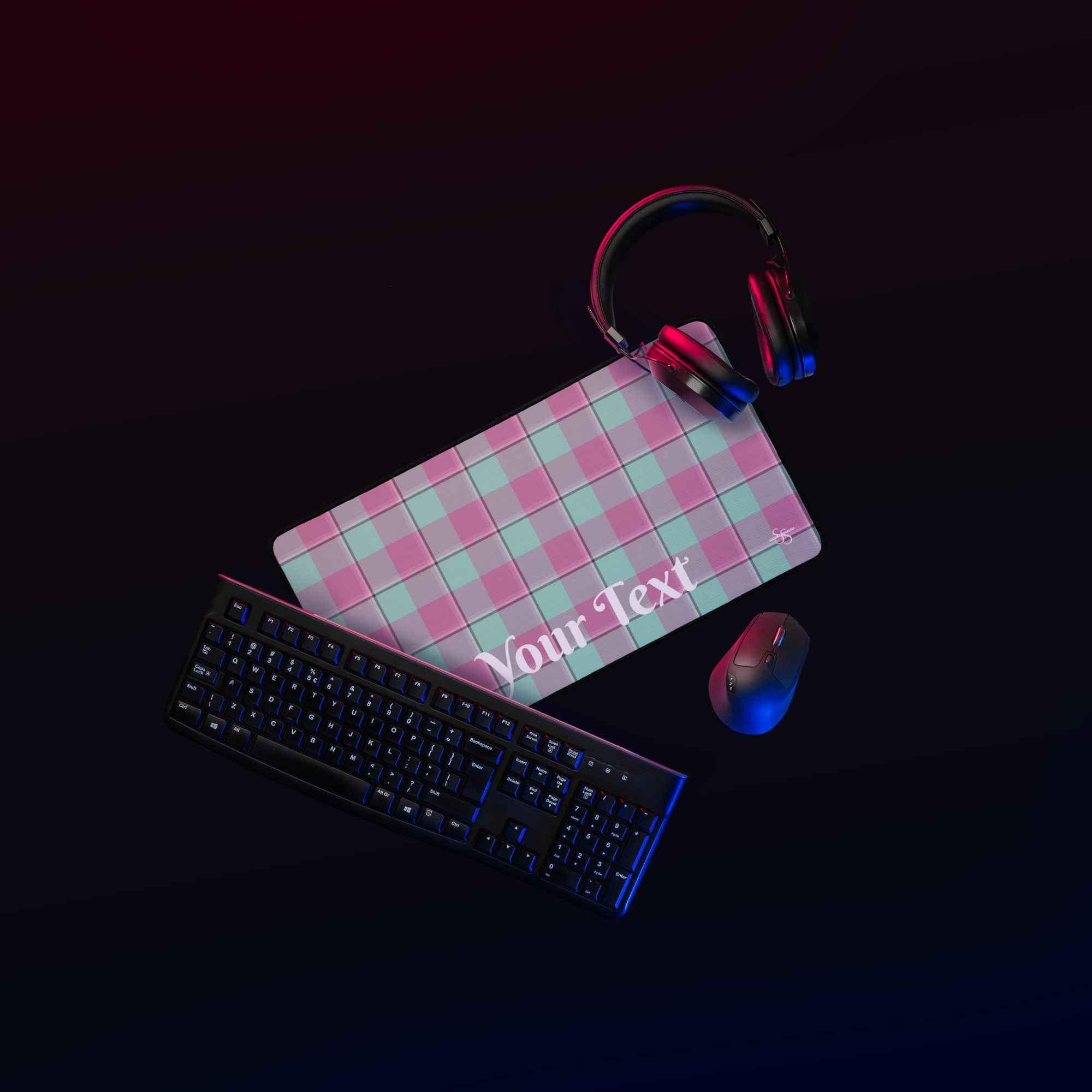 Personalized Vista Blue and Turkish Rose Plaid Desk Mat - Scottish Squares