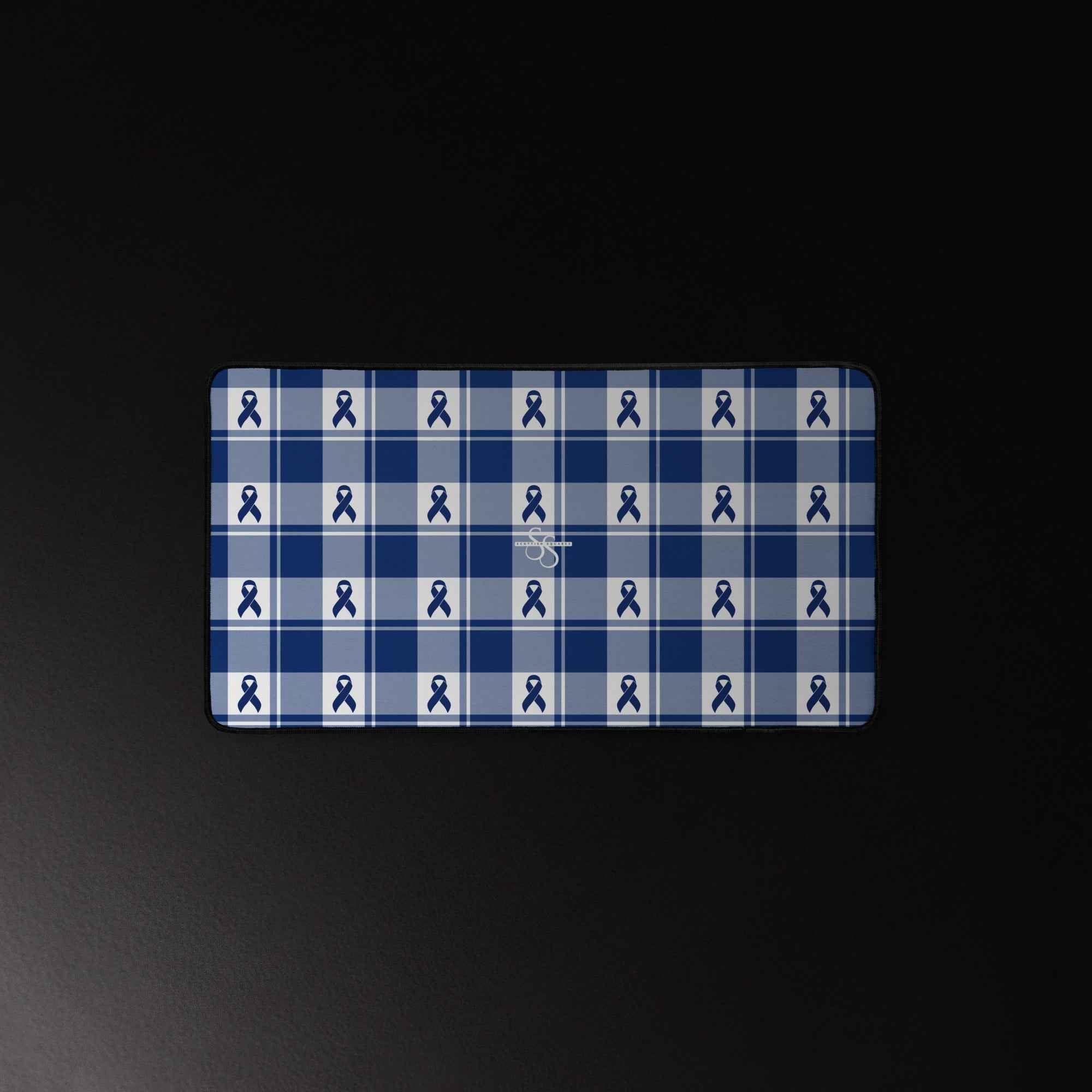 Desk Mat Colorectal Cancer Awareness Plaid, Dark Blue Ribbon, Supportive Gift - Scottish Squares
