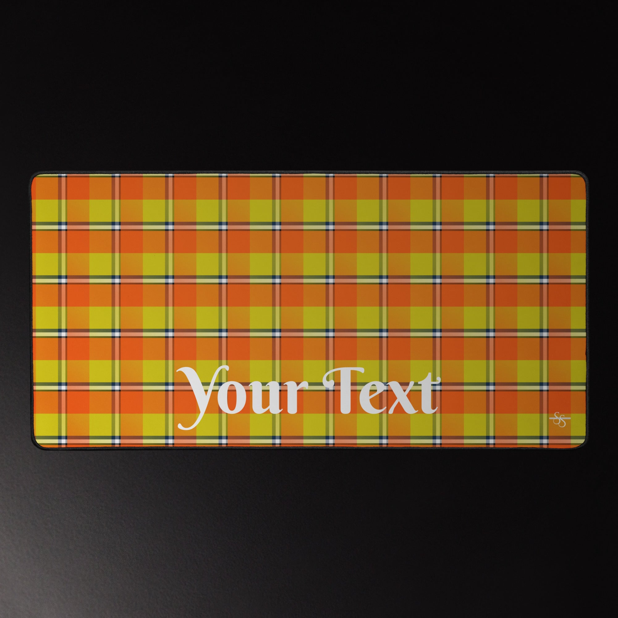 Personalized Blaze Orange and Bird Flower Plaid Desk Mat - Scottish Squares