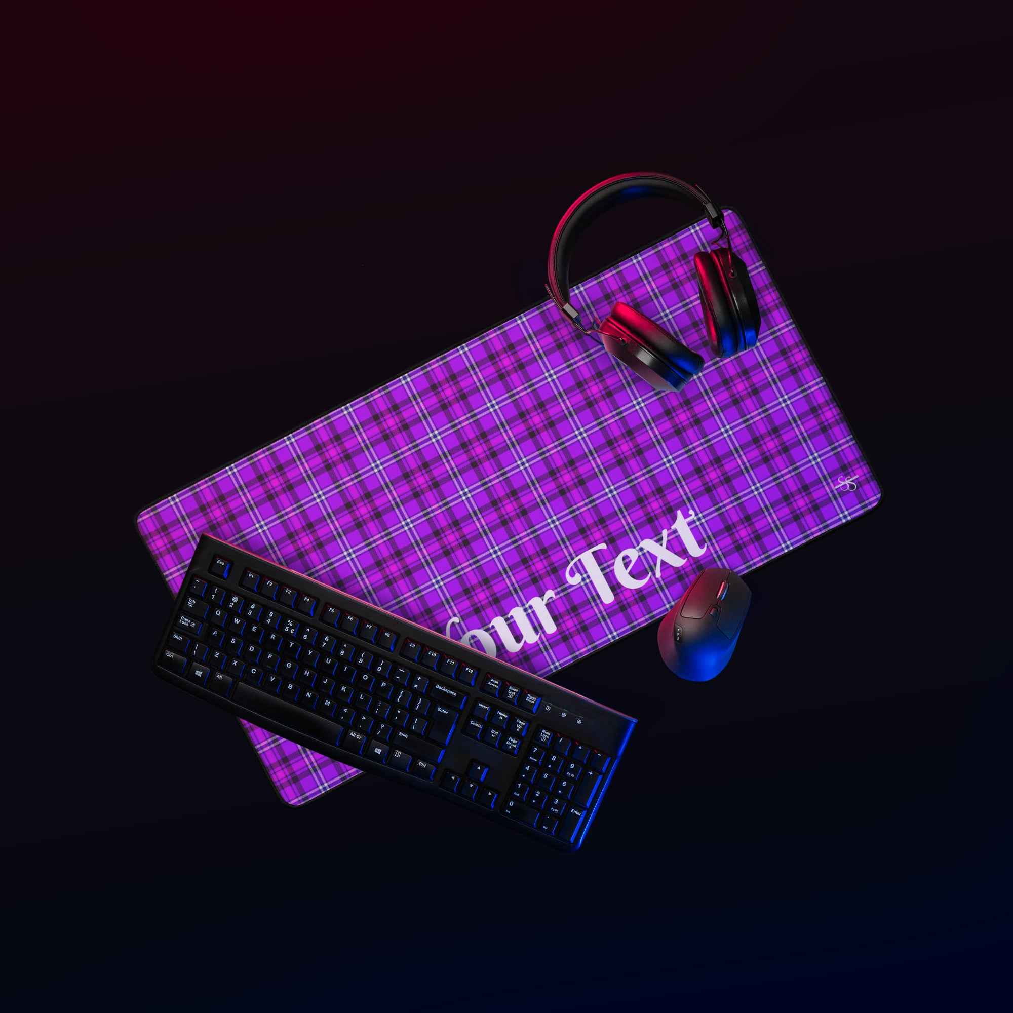 Personalized Electric Violet and Fuchsia Plaid Desk Mat - Scottish Squares