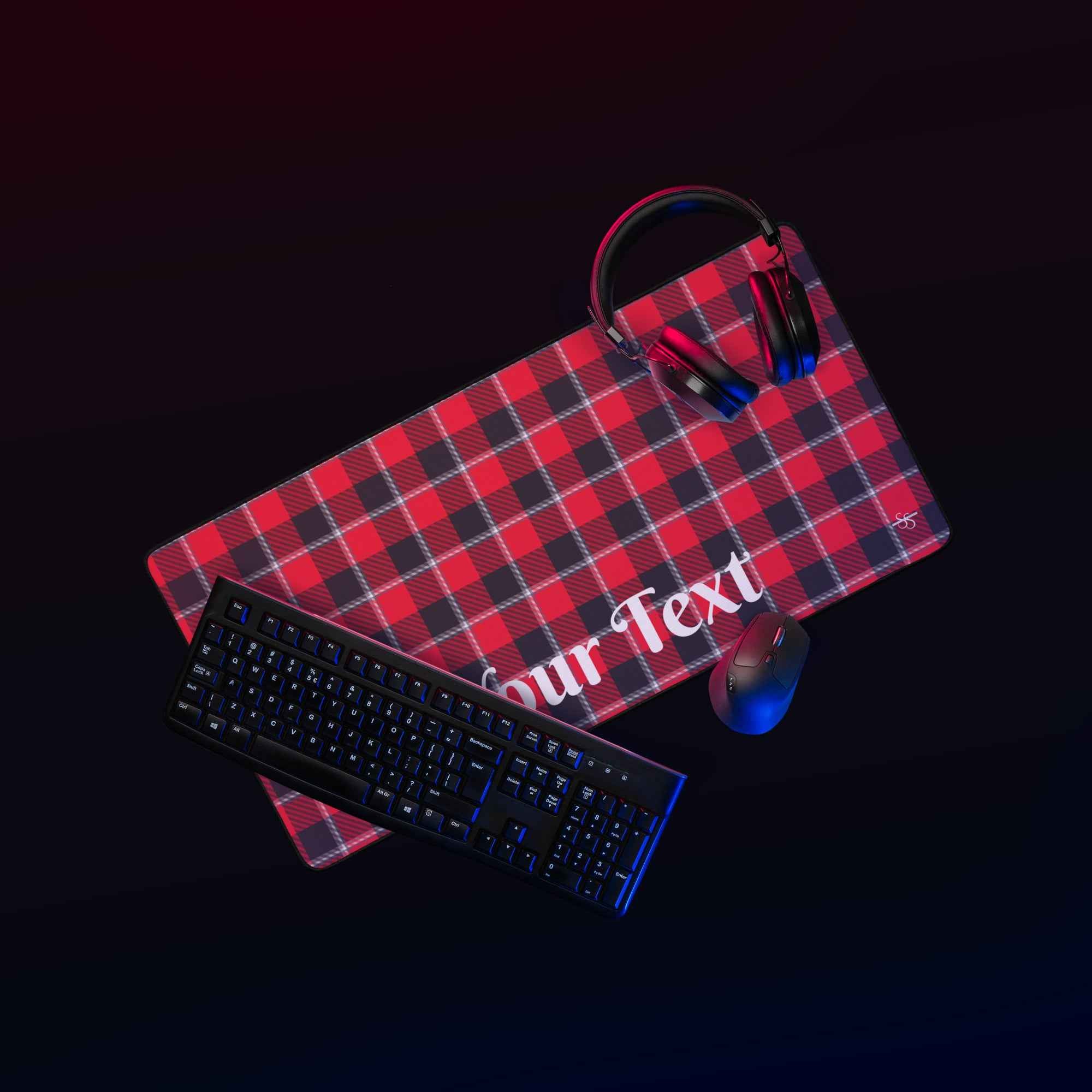 Personalized Red Ribbon and Heavy Metal Plaid Desk Mat - Scottish Squares