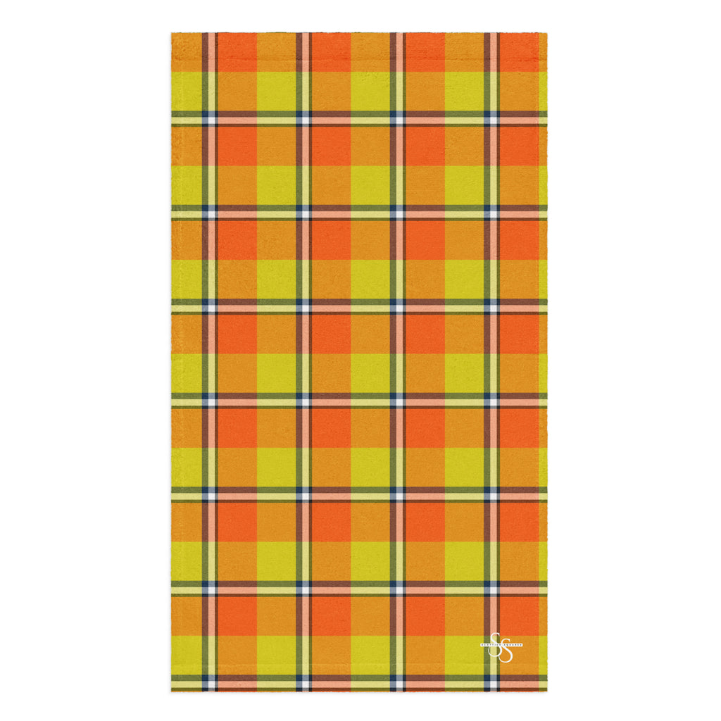Blaze Orange and Bird Flower Plaid Hand Towel - Scottish Squares