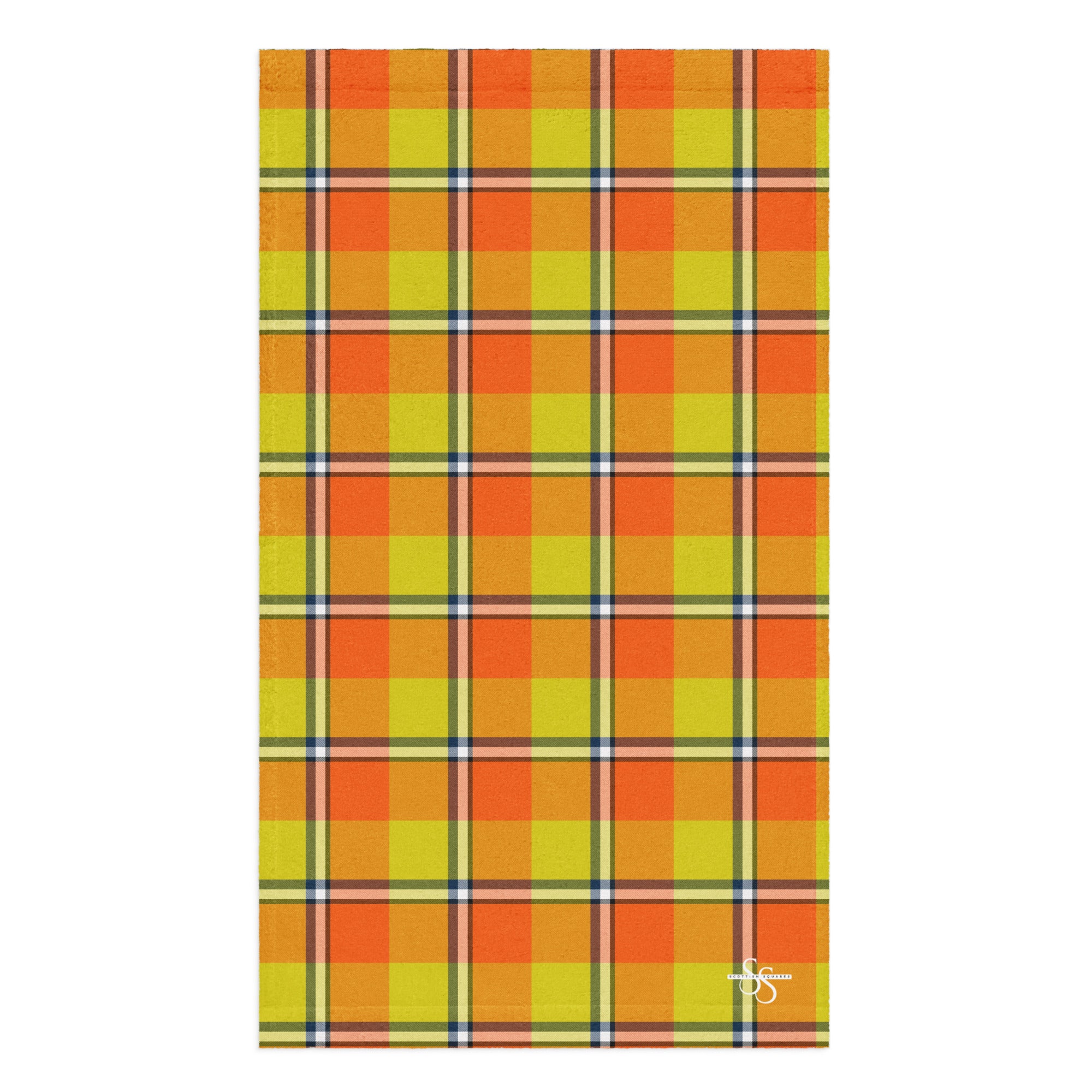 Blaze Orange and Bird Flower Plaid Hand Towel - Scottish Squares
