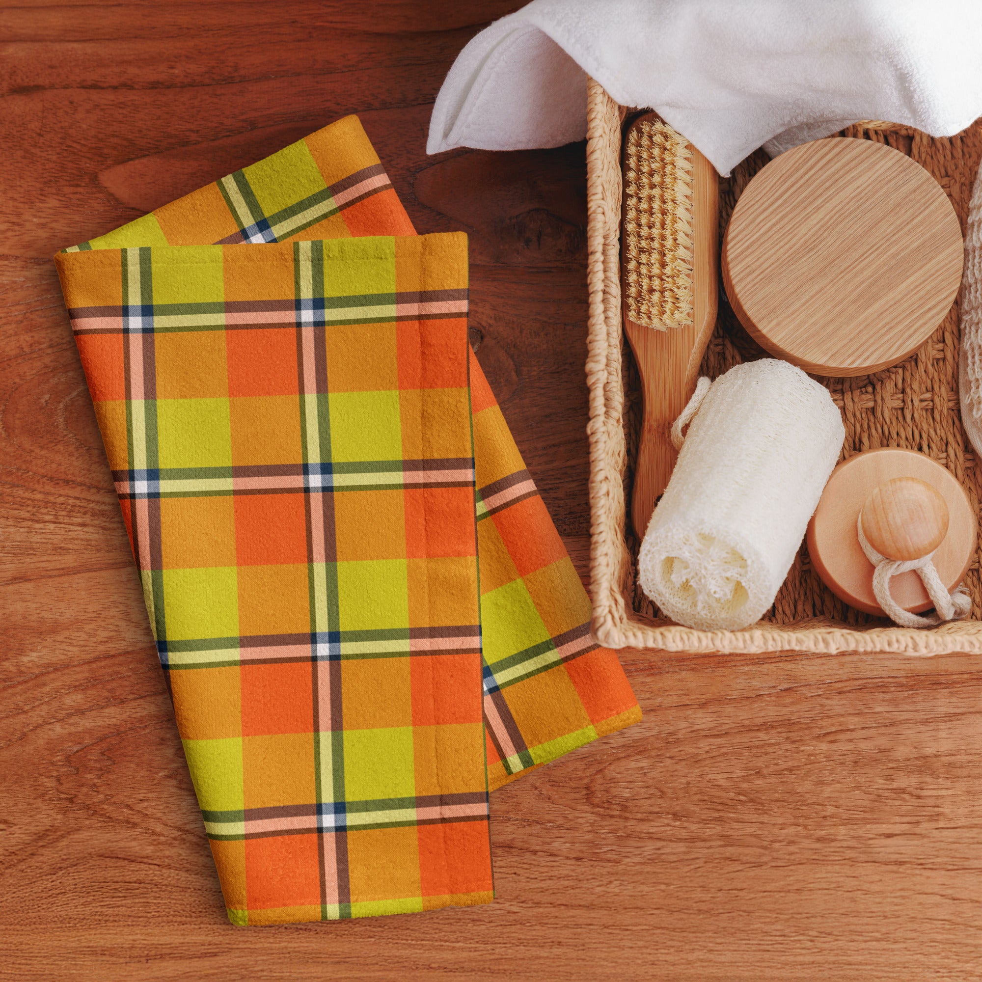 Blaze Orange and Bird Flower Plaid Hand Towel - Scottish Squares