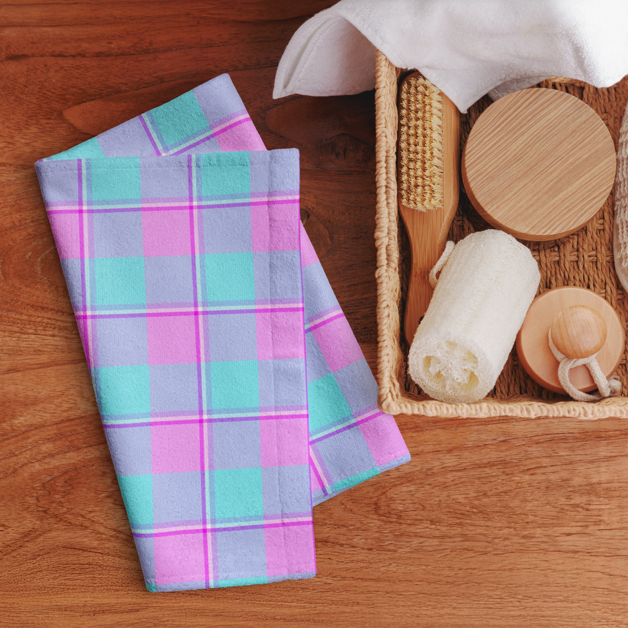 Mauve and Coastal Mist Plaid Hand Towel - Scottish Squares