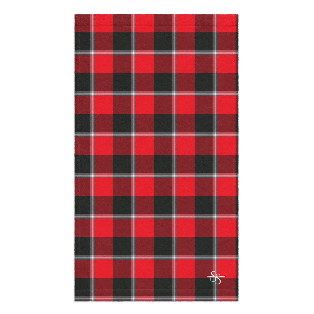 Red Ribbon and Heavy Metal Plaid Hand Towel - Scottish Squares