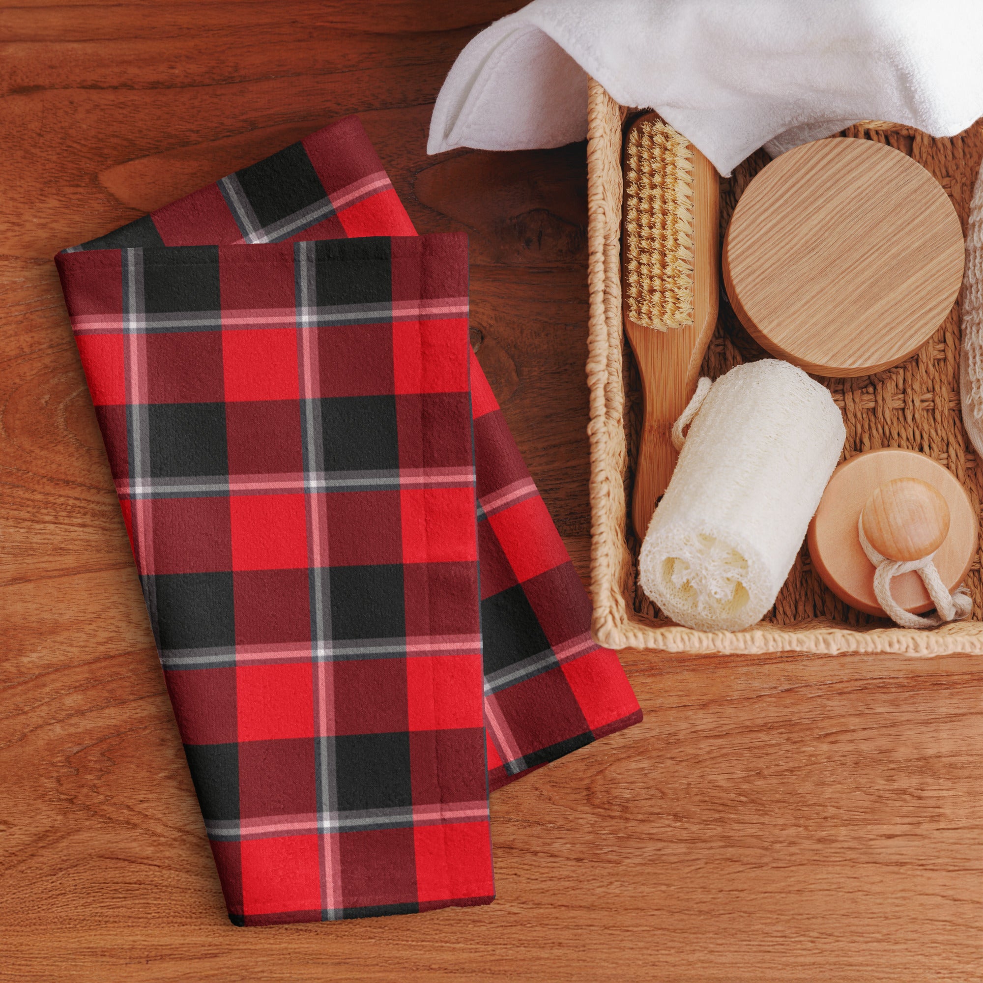 Red Ribbon and Heavy Metal Plaid Hand Towel - Scottish Squares