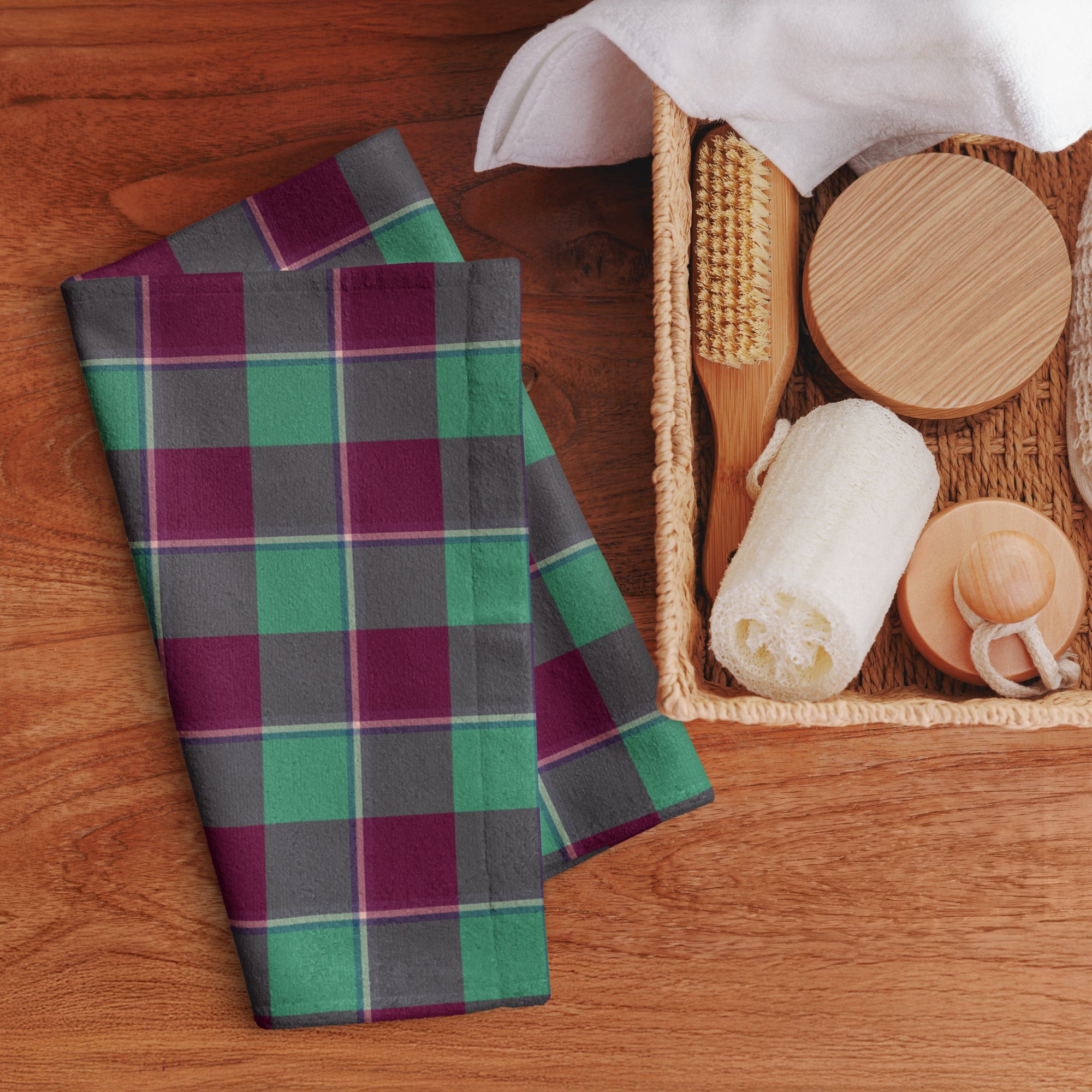 Ocean Green and Mulberry Wood Plaid Hand Towel - Scottish Squares