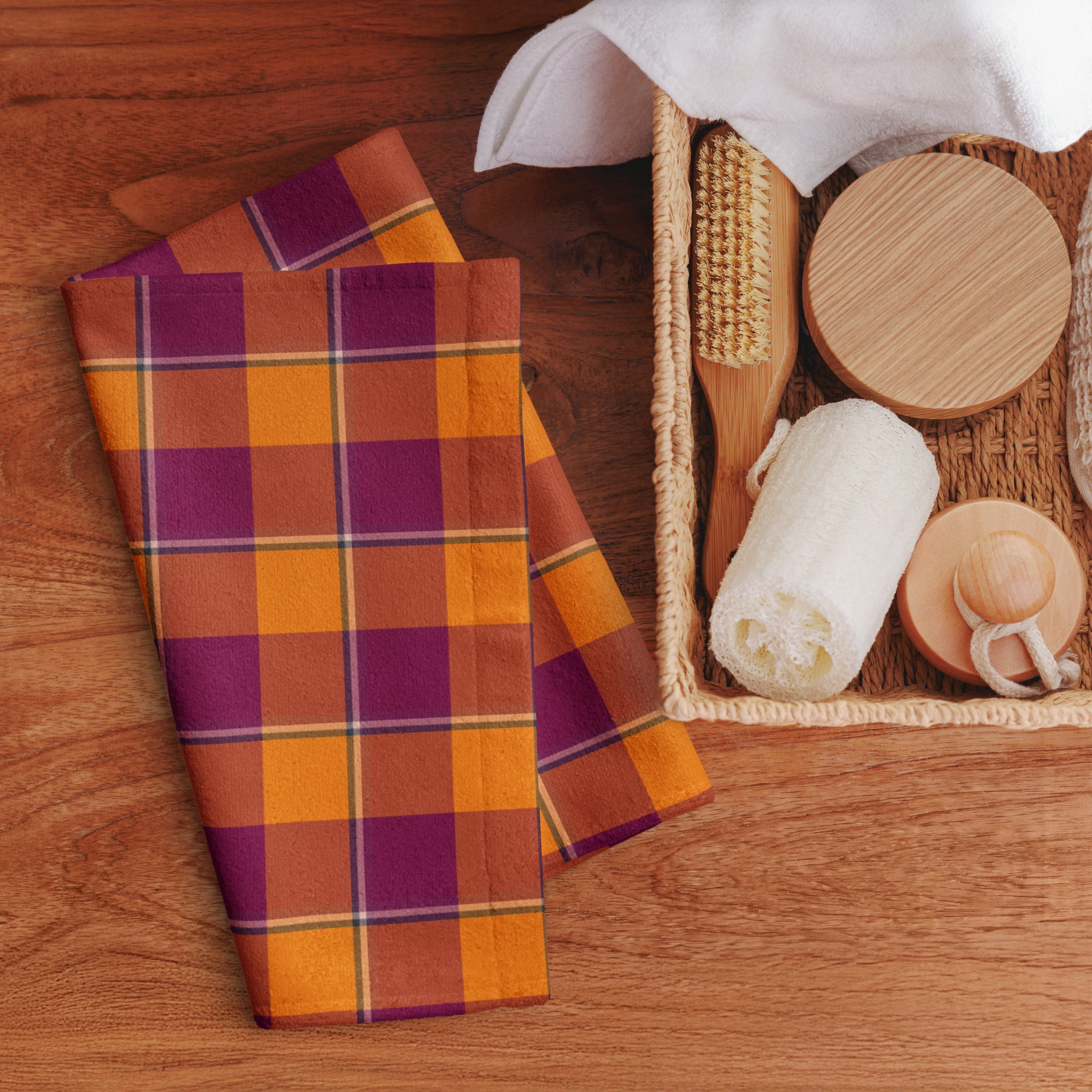 Tahiti Gold and Rose Bud Cherry Plaid Hand Towel - Scottish Squares