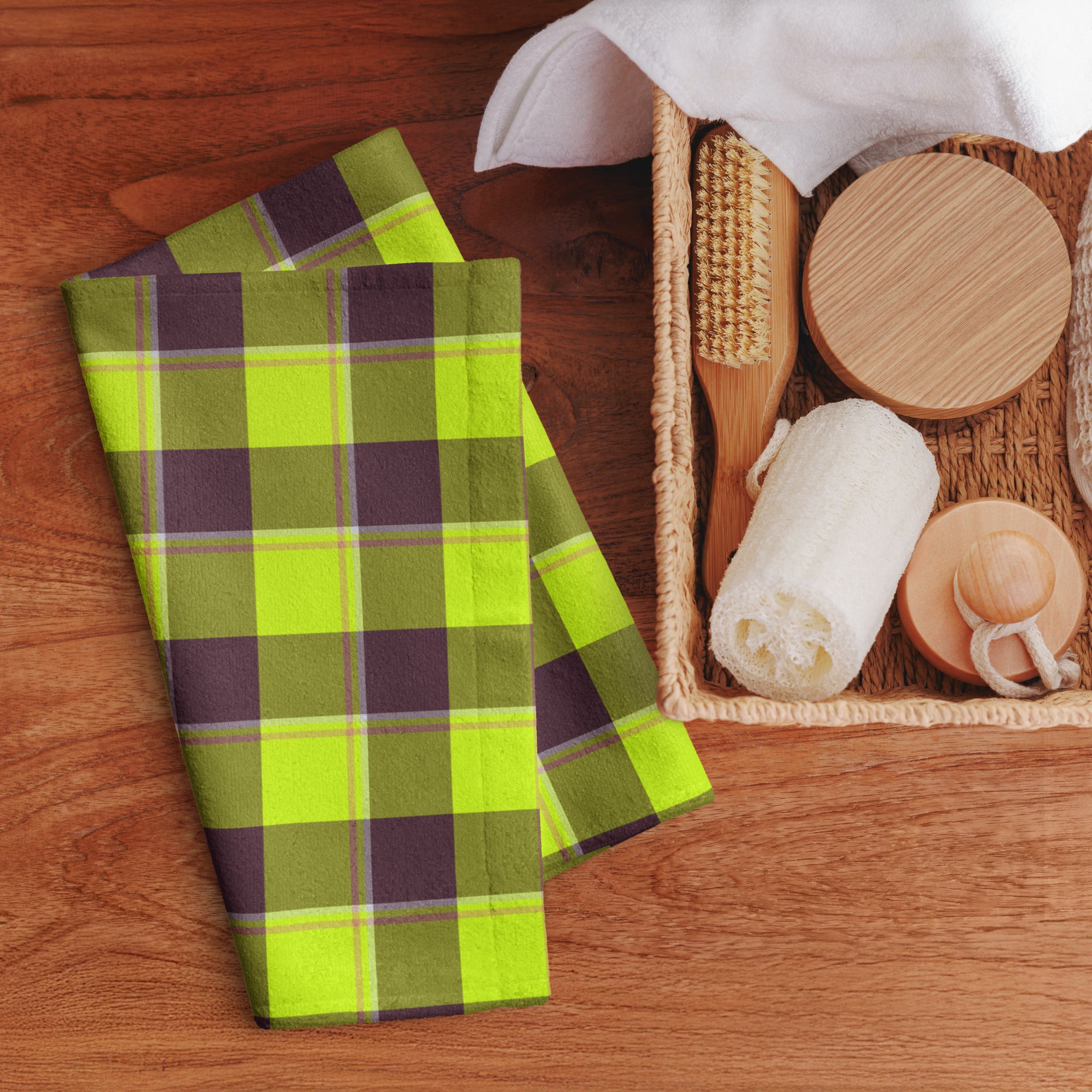 Electric Lime and Livid Brown Plaid Hand Towel - Scottish Squares