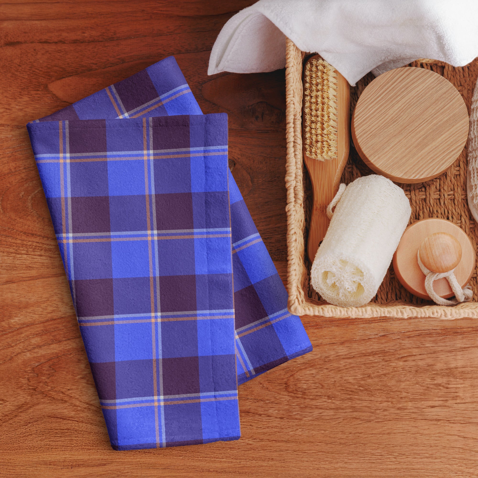 Cornflower Blue and Livid Brown Plaid Hand Towel - Scottish Squares