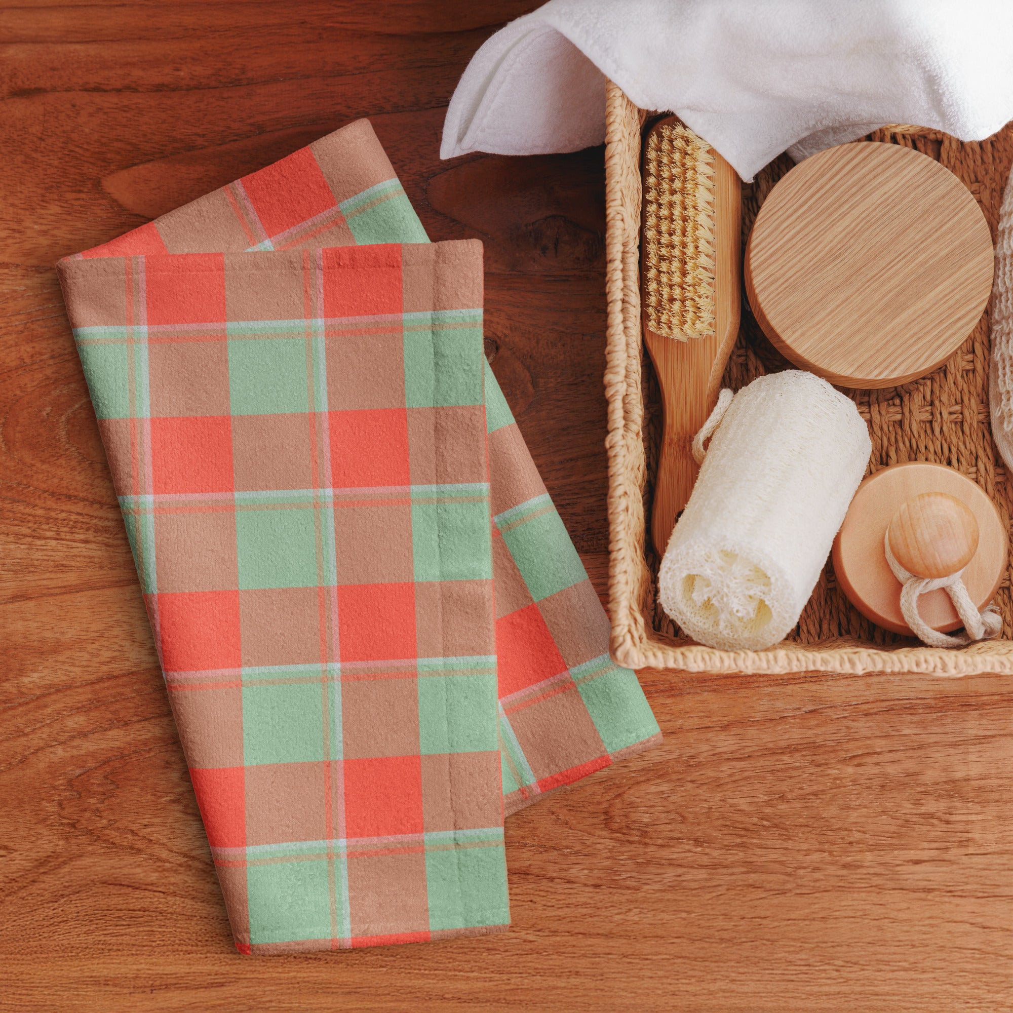 Spring Rain and Persimmon Plaid Hand Towel - Scottish Squares