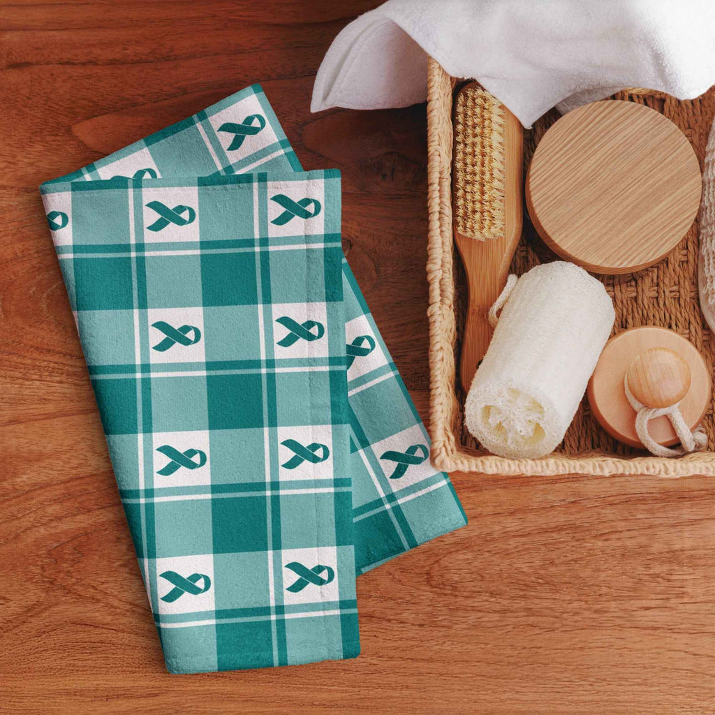 Hand Towel Cervical Cancer Awareness Plaid, Teal Ribbon, Supportive Gift - Scottish Squares