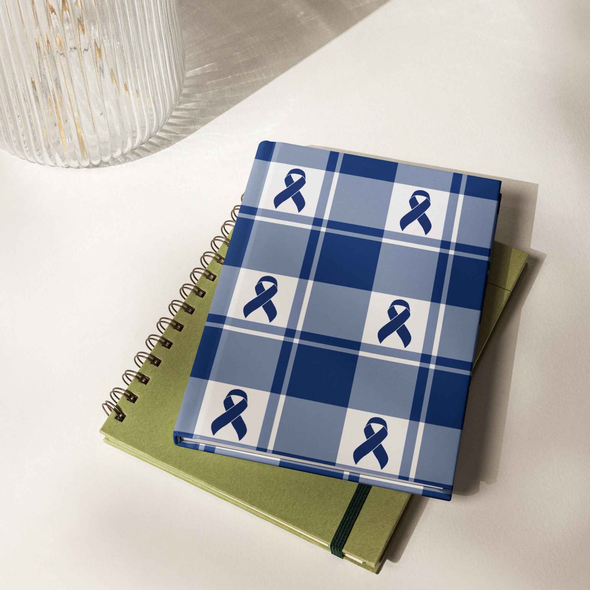 Hardcover Journal Colorectal Cancer Awareness Plaid, Dark Blue Ribbon, Supportive Gift - Scottish Squares