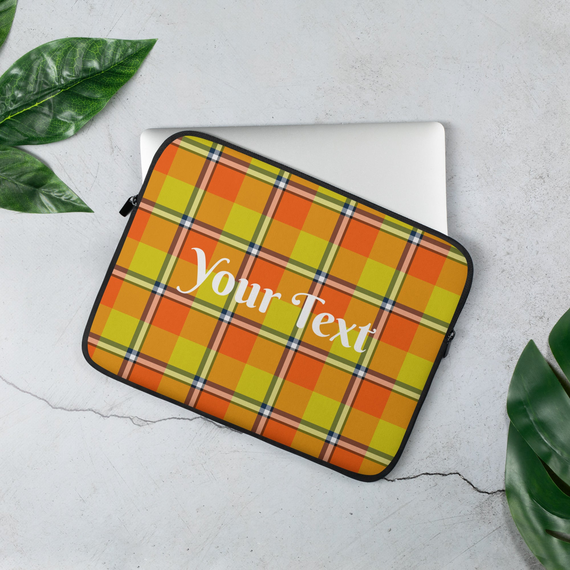 Personalized Blaze Orange and Bird Flower Plaid Laptop Sleeve - Scottish Squares