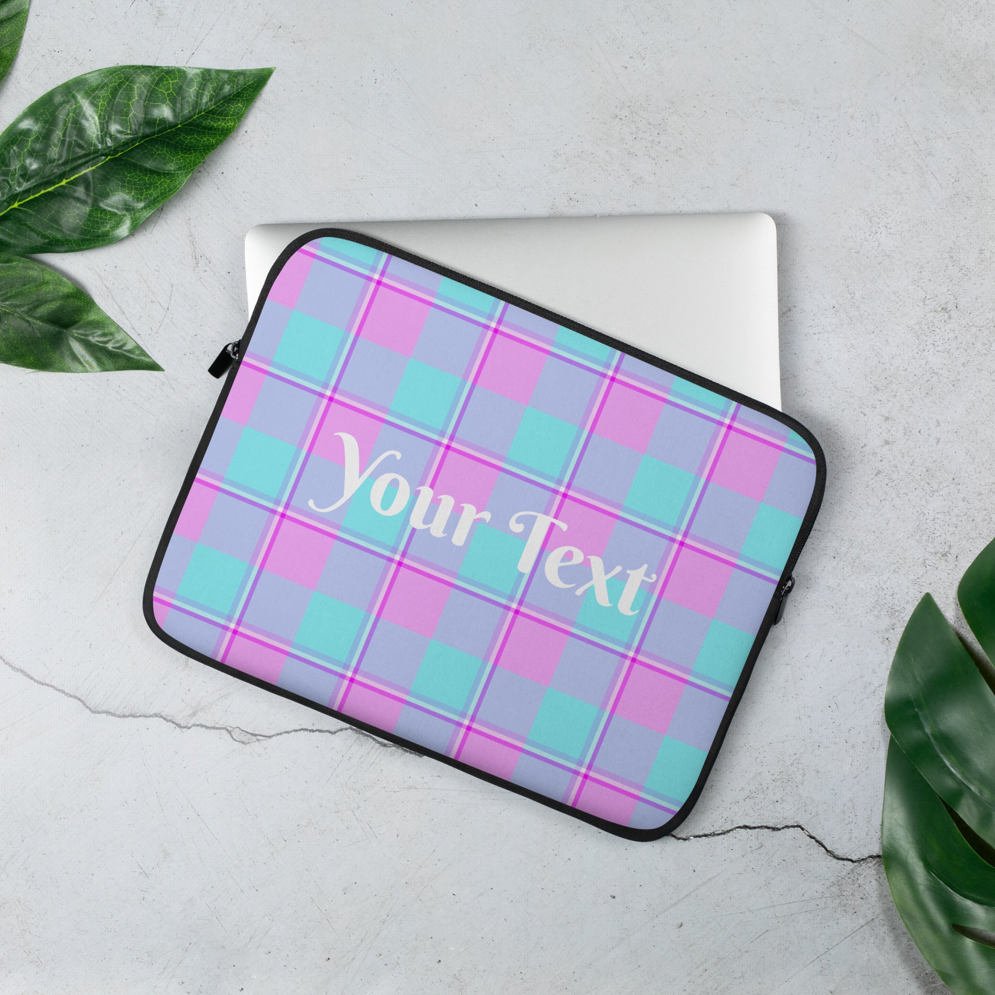 Personalized Mauve and Coastal Mist Plaid Laptop Sleeve - Scottish Squares
