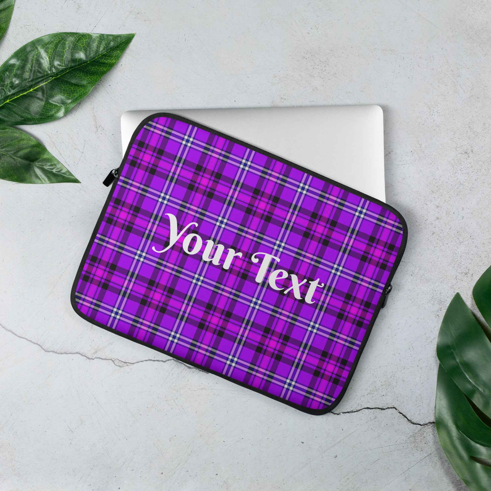 Personalized Electric Violet and Fuchsia Plaid Laptop Sleeve - Scottish Squares