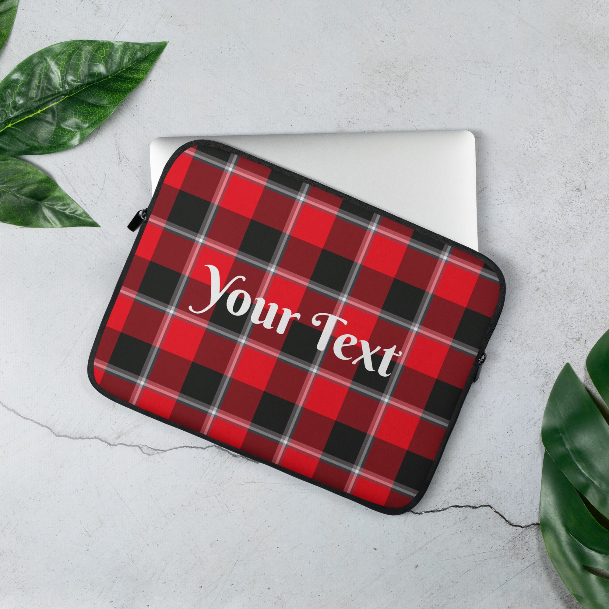 Personalized Red Ribbon and Heavy Metal Plaid Laptop Sleeve - Scottish Squares