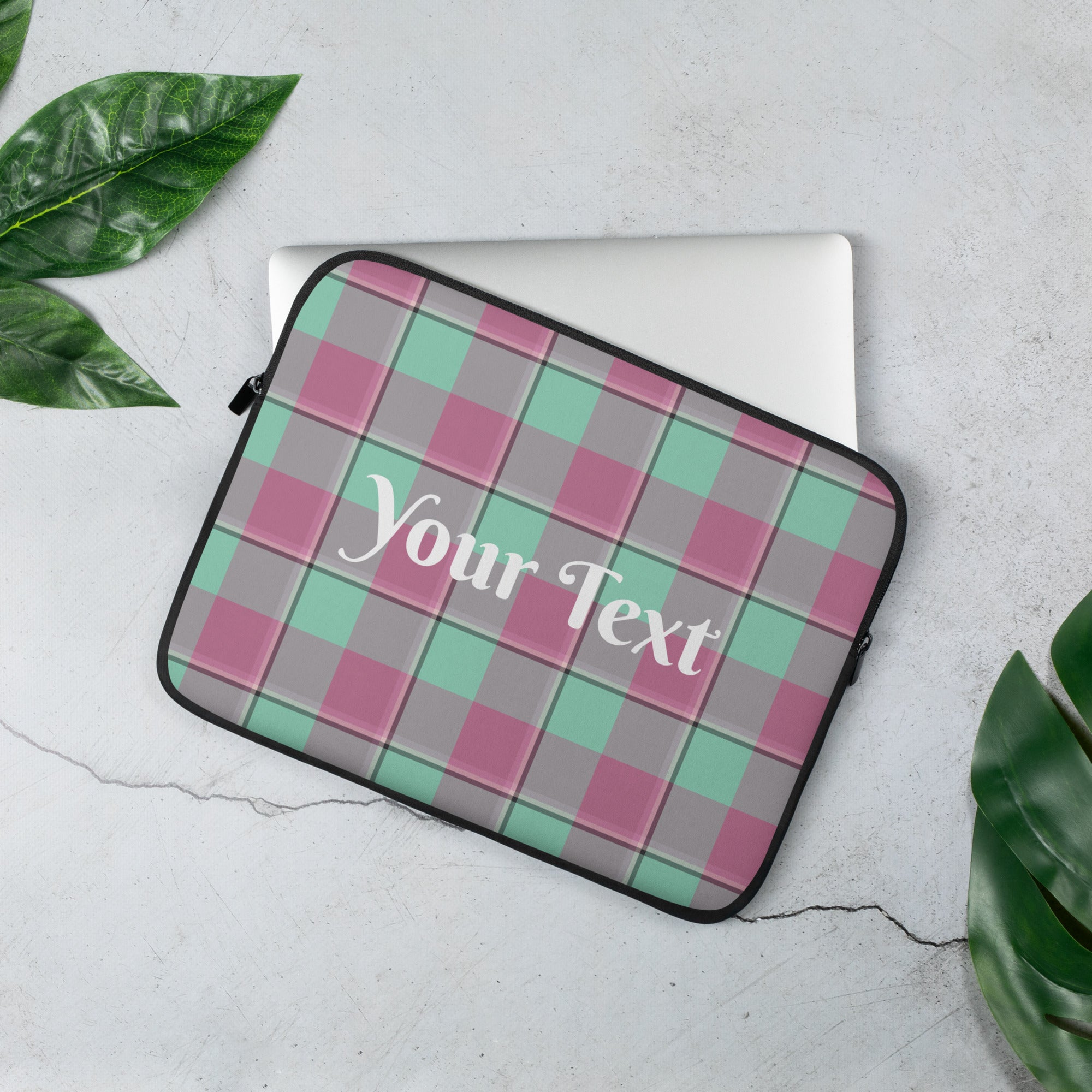 Personalized Vista Blue and Turkish Rose Plaid Laptop Sleeve - Scottish Squares