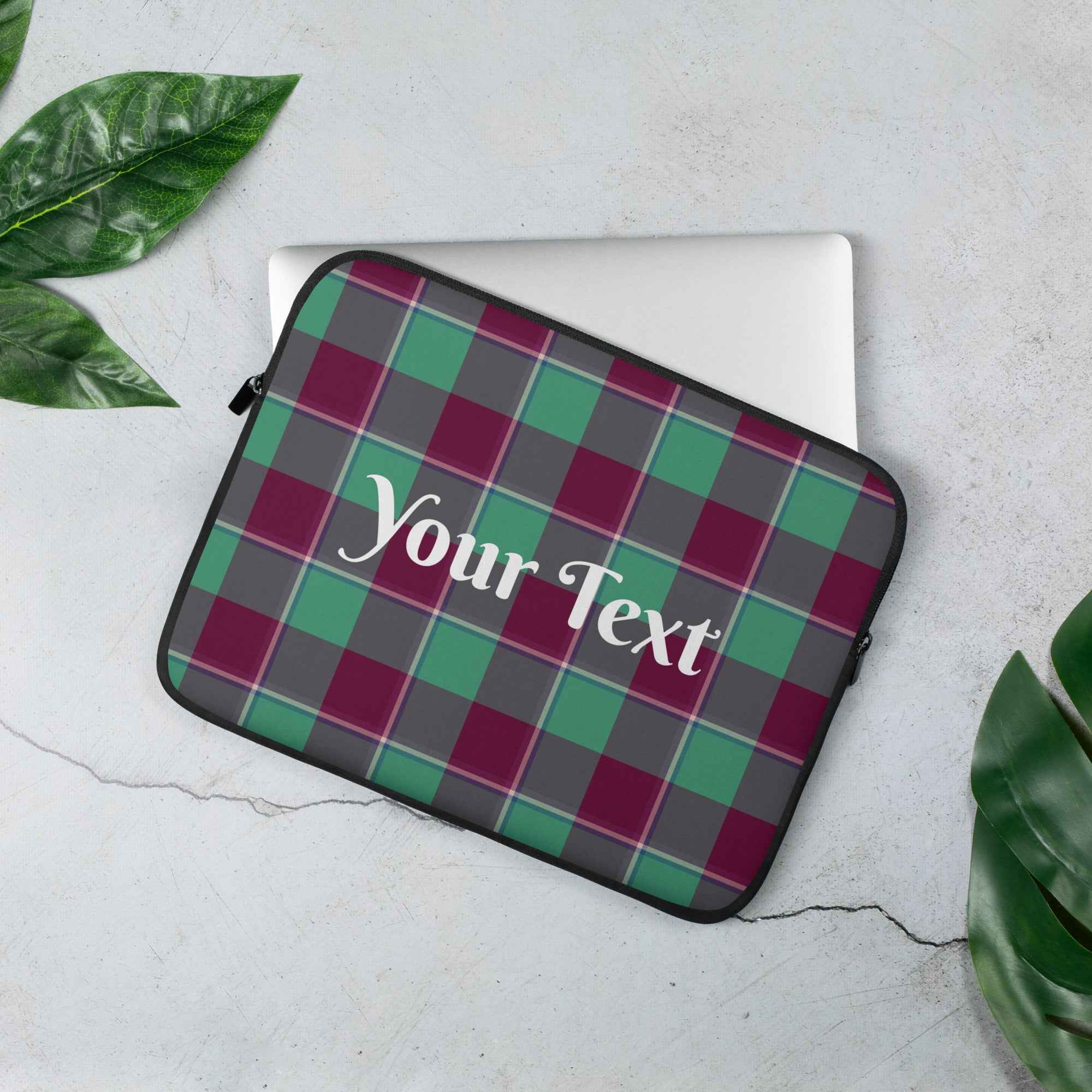 Personalized Ocean Green and Mulberry Wood Plaid Laptop Sleeve - Scottish Squares