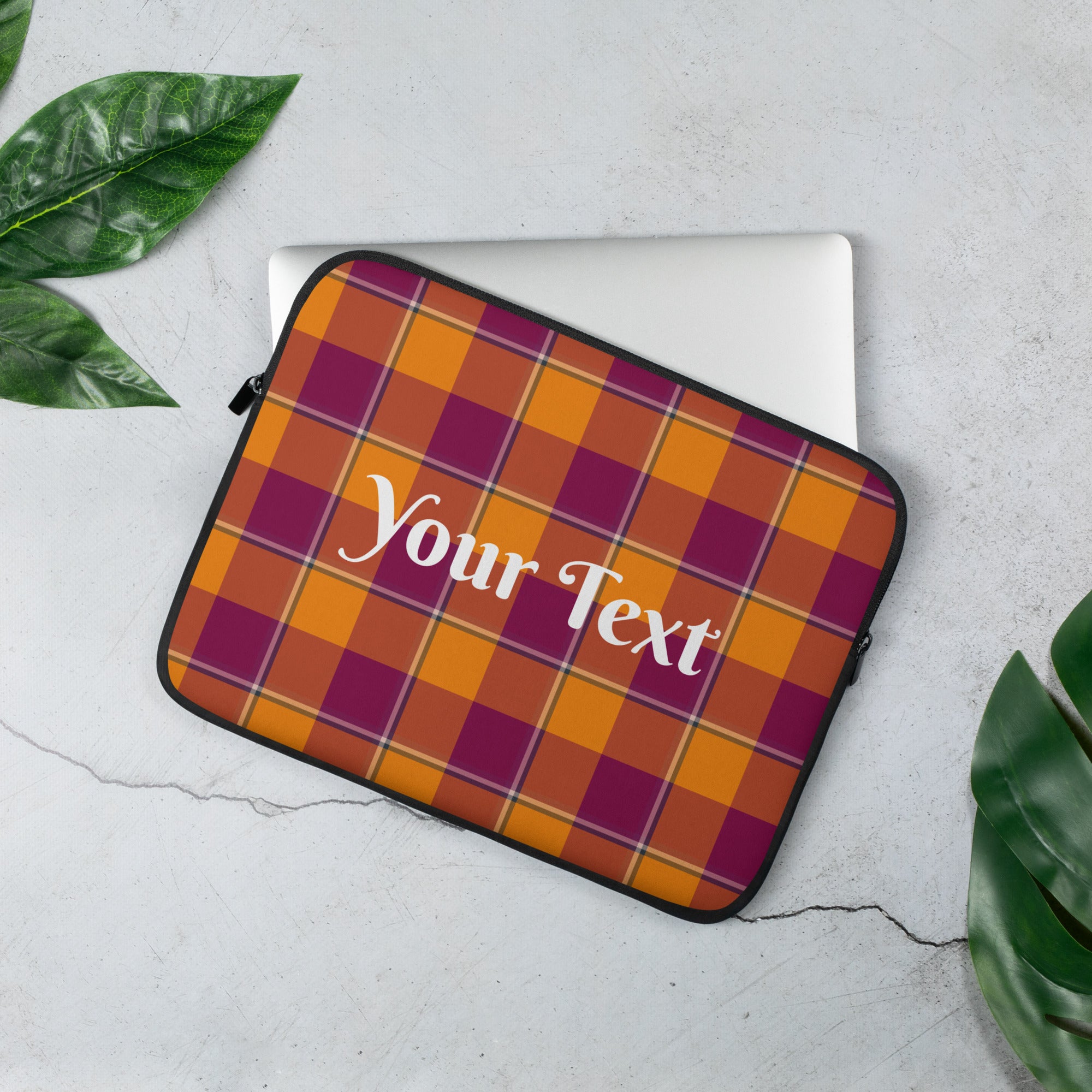 Personalized Tahiti Gold and Rose Bud Cherry Plaid Laptop Sleeve - Scottish Squares