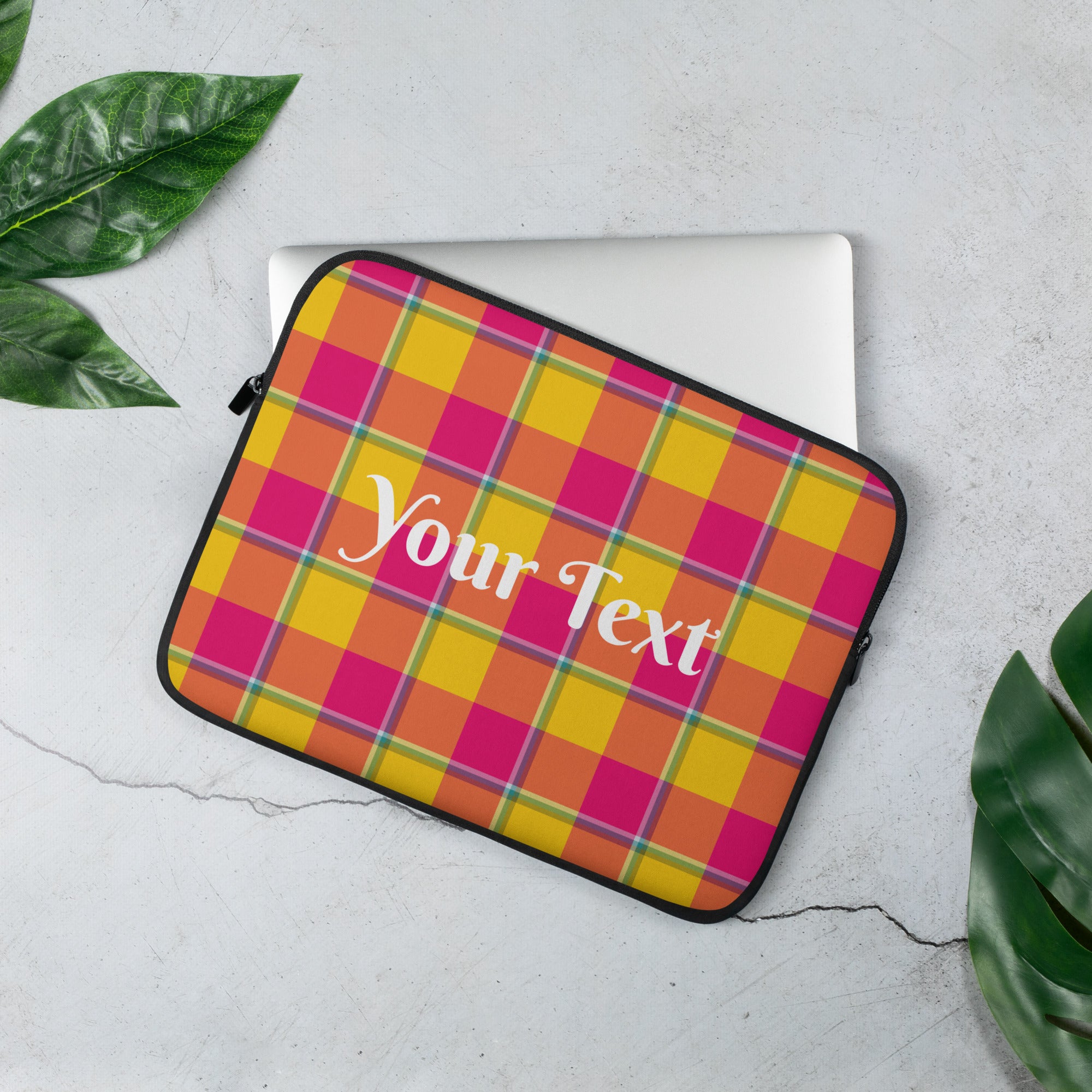 Personalized Corn and Razzmatazz Plaid Laptop Sleeve - Scottish Squares