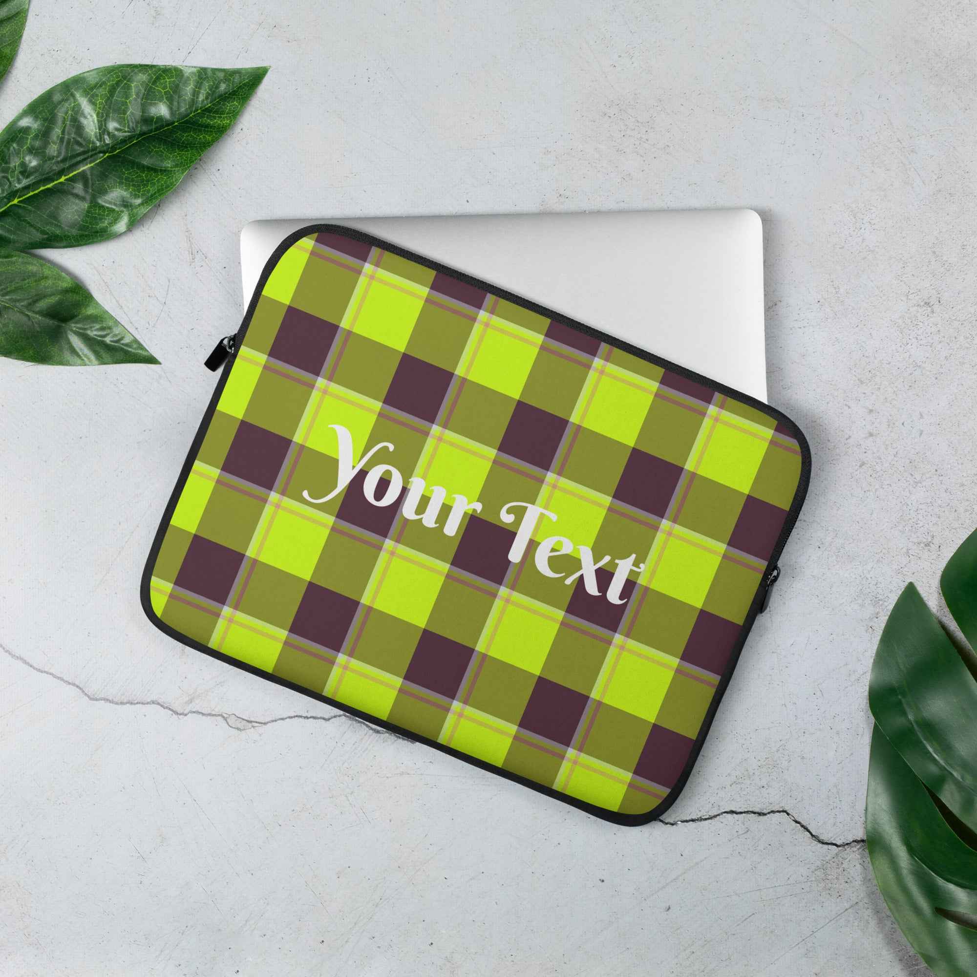 Personalized Electric Lime and Livid Brown Plaid Laptop Sleeve - Scottish Squares