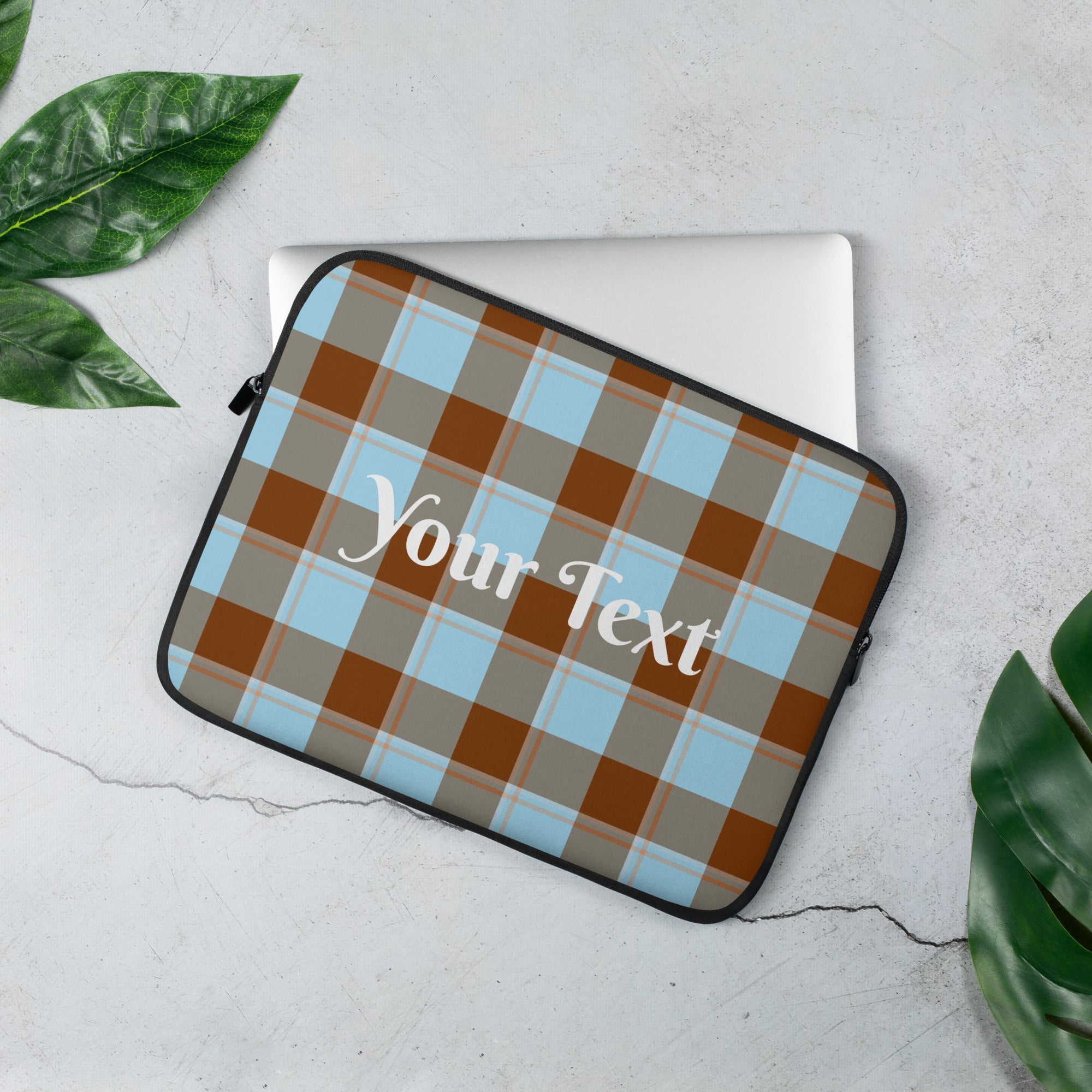Personalized Blizzard Blue and Livid Brown Plaid Laptop Sleeve - Scottish Squares
